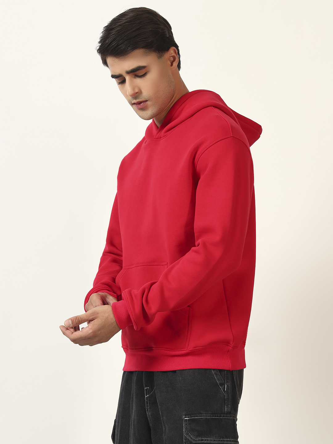 Oneway Men Solid Red Hooded Sweatshirt