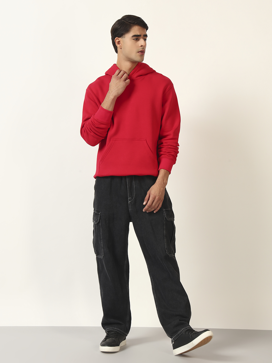 Oneway Men Solid Red Hooded Sweatshirt