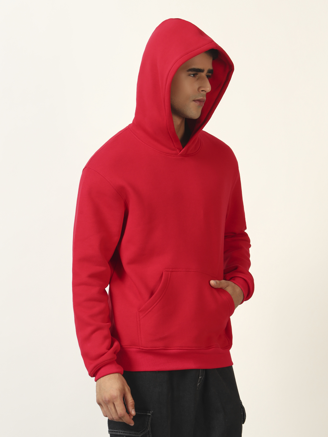 Oneway Men Solid Red Hooded Sweatshirt
