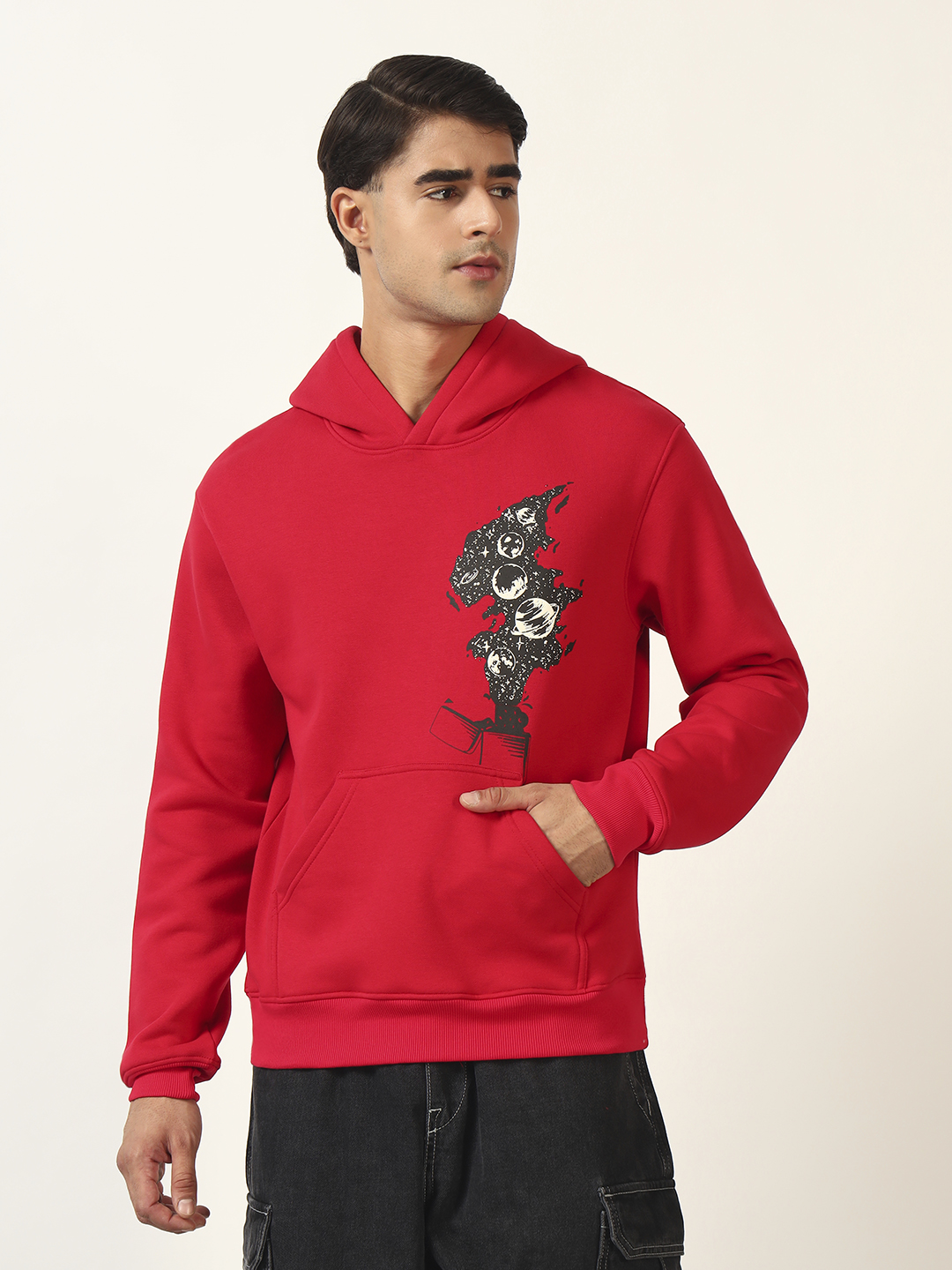 Oneway Men Graphic Print Red Hooded Sweatshirt