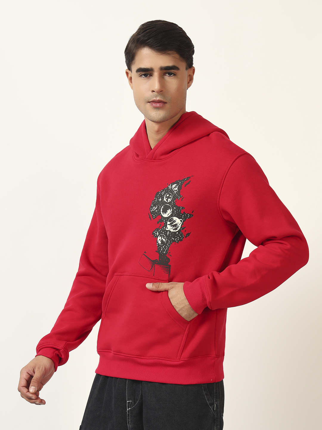 Oneway Men Graphic Print Red Hooded Sweatshirt