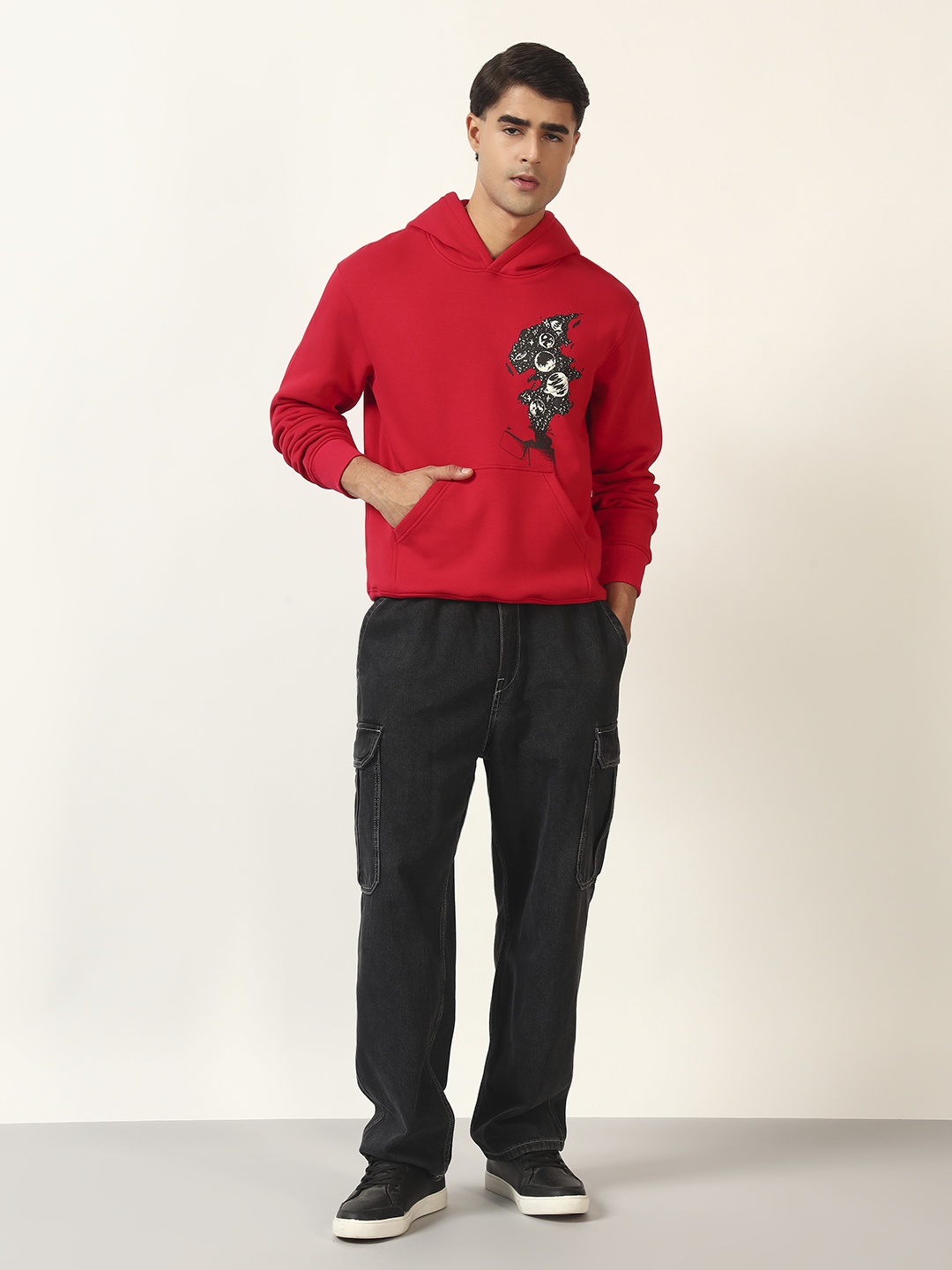 Oneway Men Graphic Print Red Hooded Sweatshirt