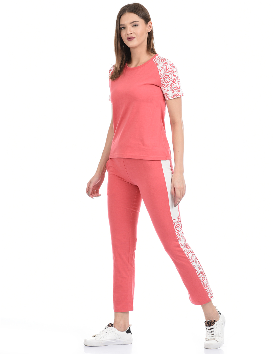 Women's Pink Hosiery Cotton Printed Half Sleeve T Shirt and Pajama Pants  Regular Fit NightSuit Top