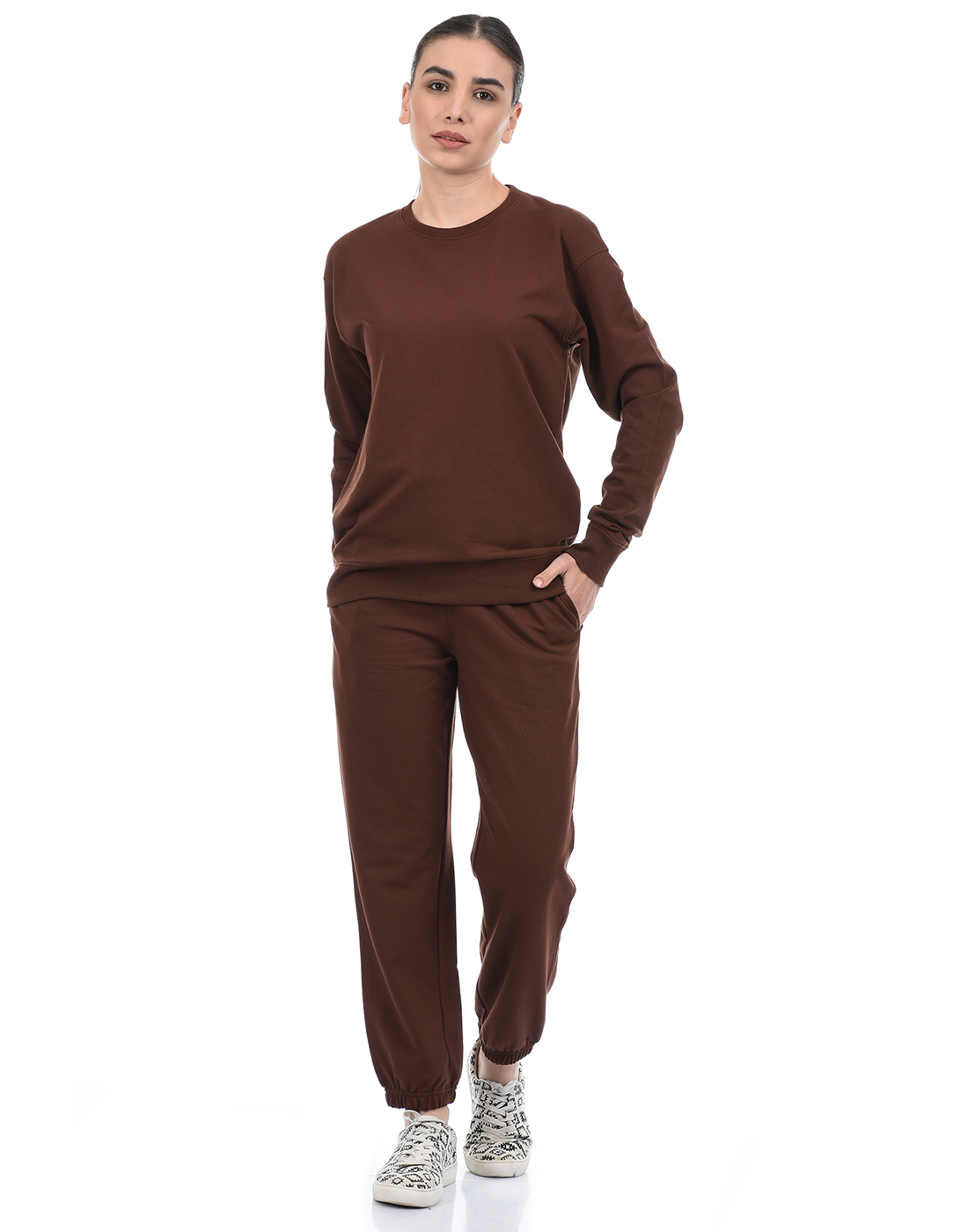 Oneway Women Solid Brown (1 Sweatshirt 1 Trackpant::Set)