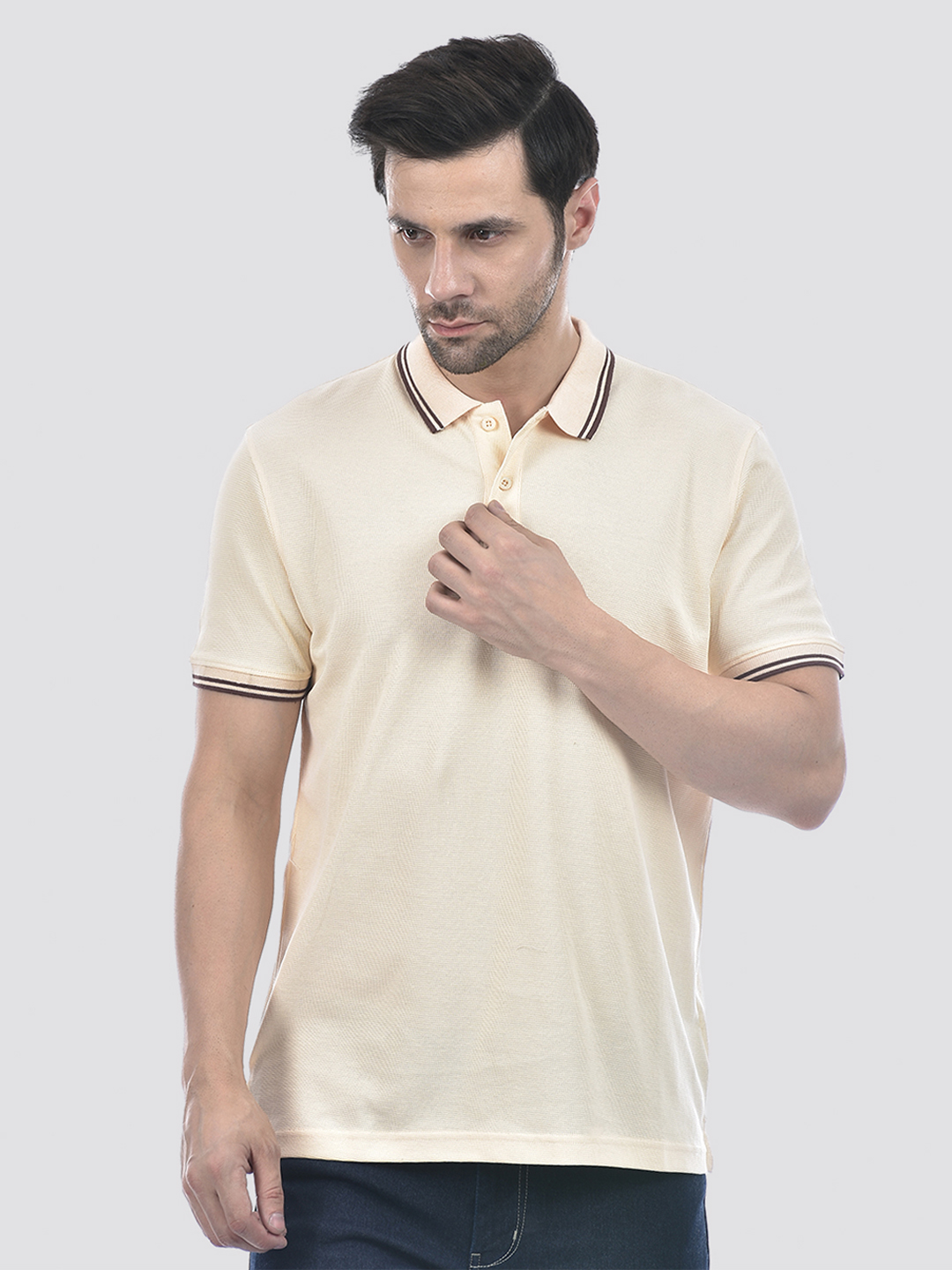 Oneway Men's Half Sleeve Relaxed Fit Cream Polo T-Shirt