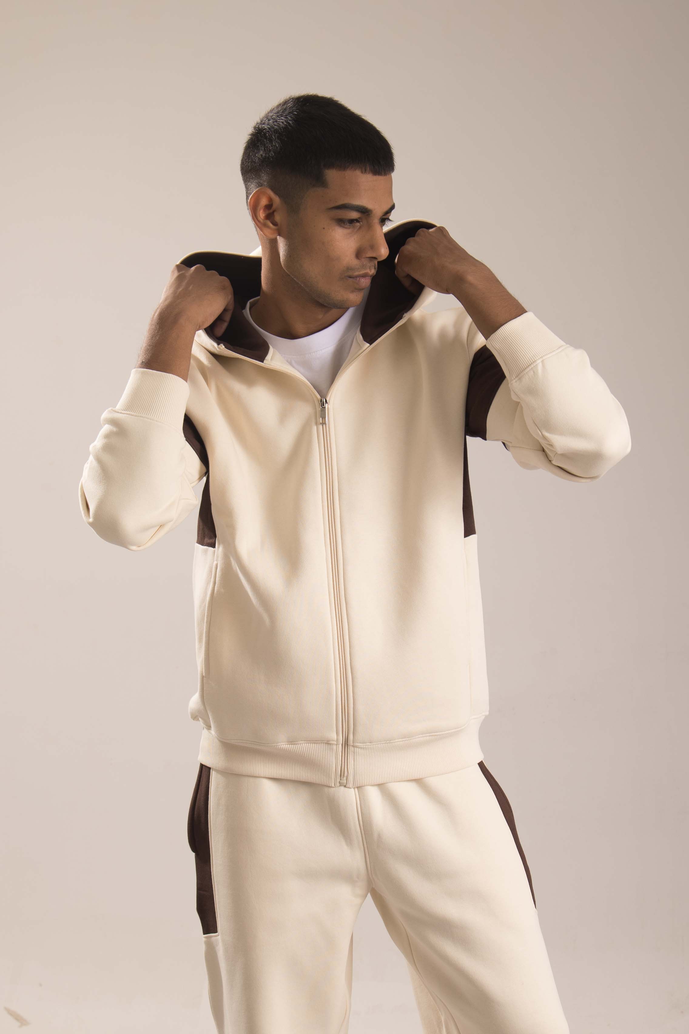Oneway Men Color Block Cream Track Suit