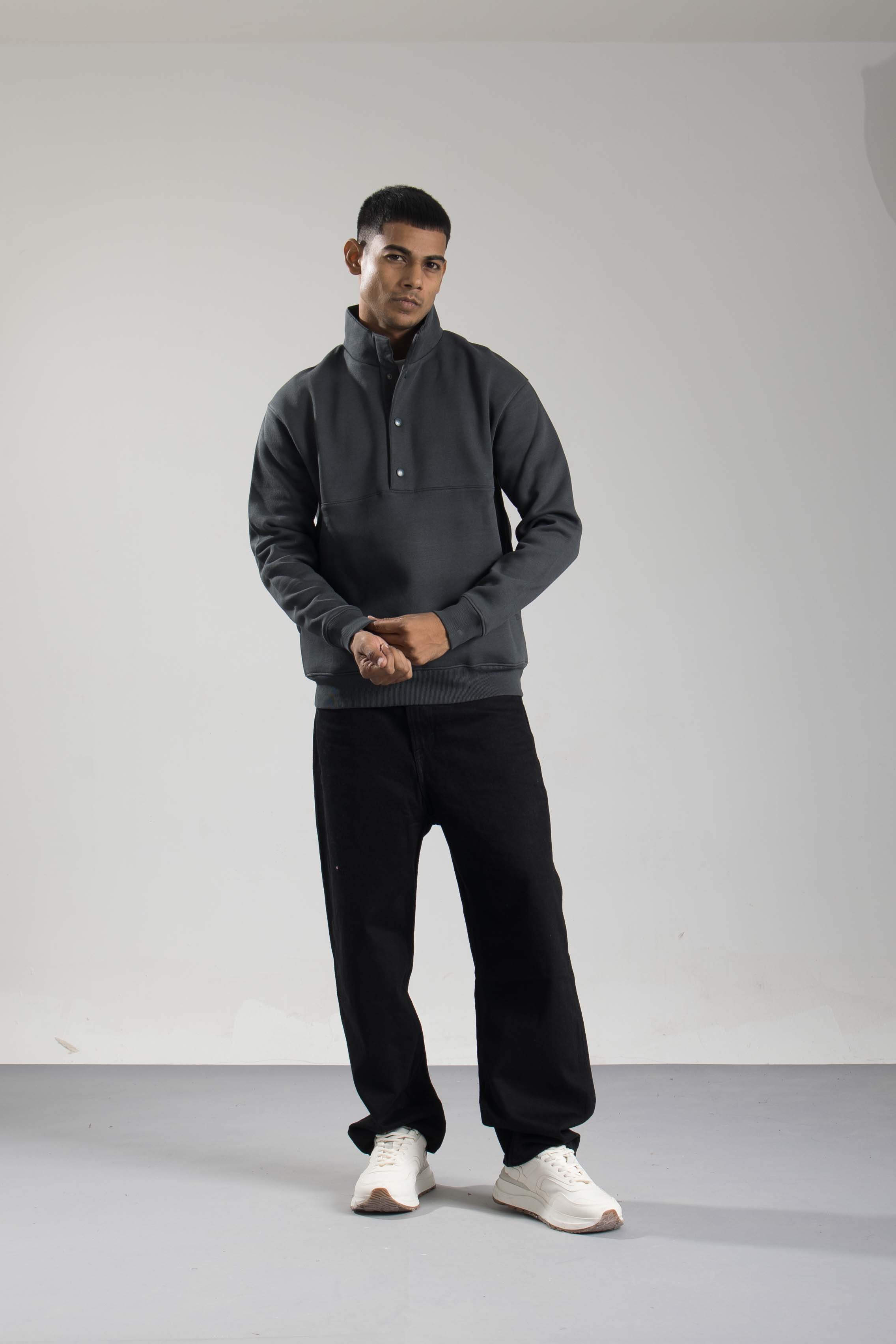 Oneway Men Solid Dark Grey Sweat Shirt