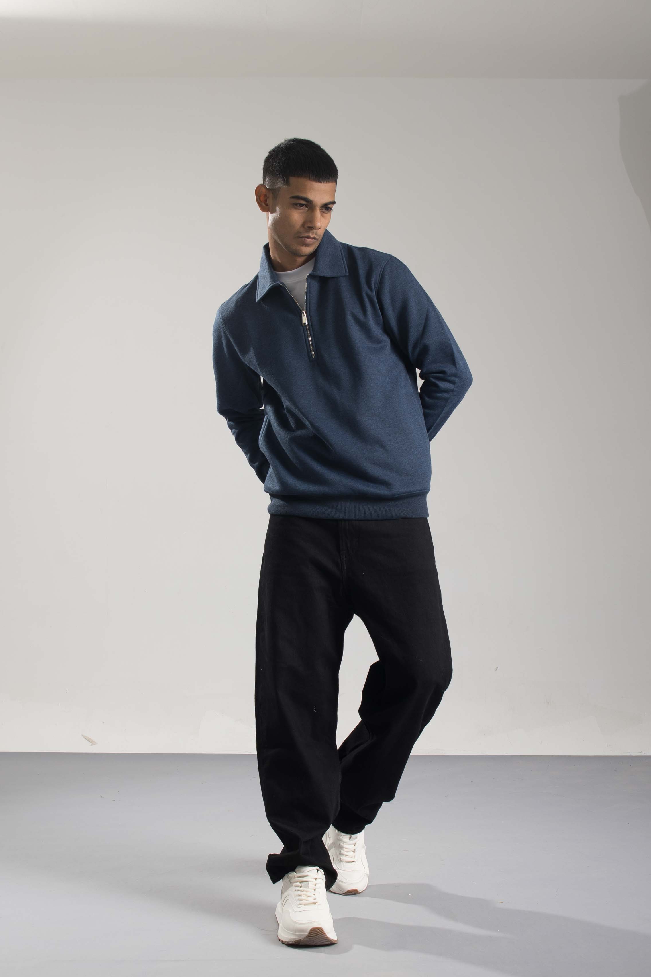Oneway Men Solid Dark Blue Sweat Shirt