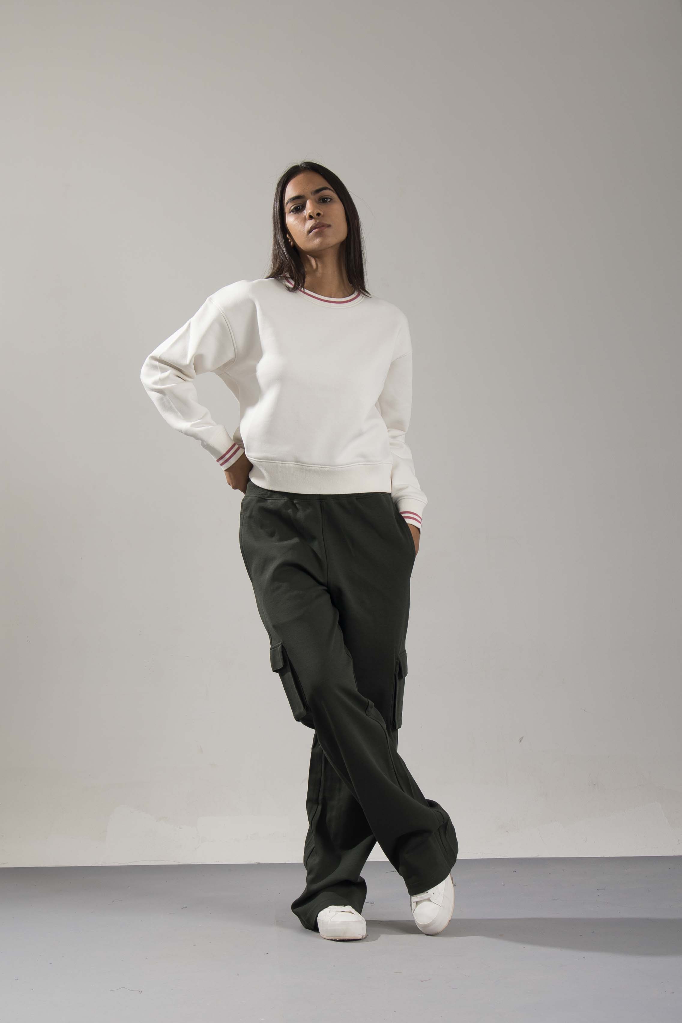 Oneway Women Striped Off White Sweat Shirt