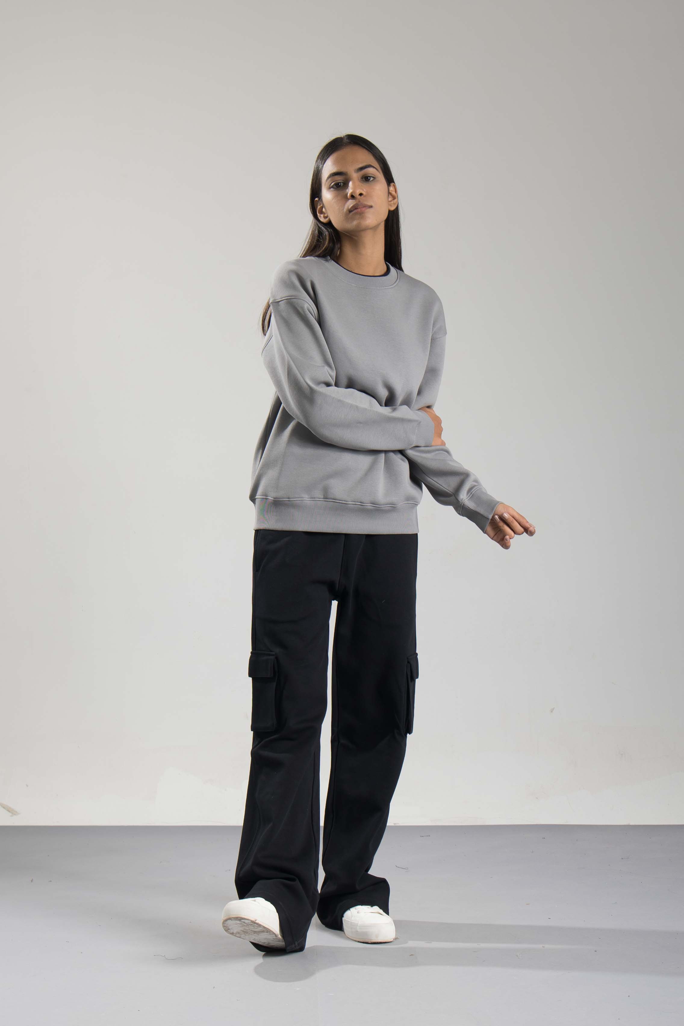 Oneway Women Solid Grey Sweat Shirt
