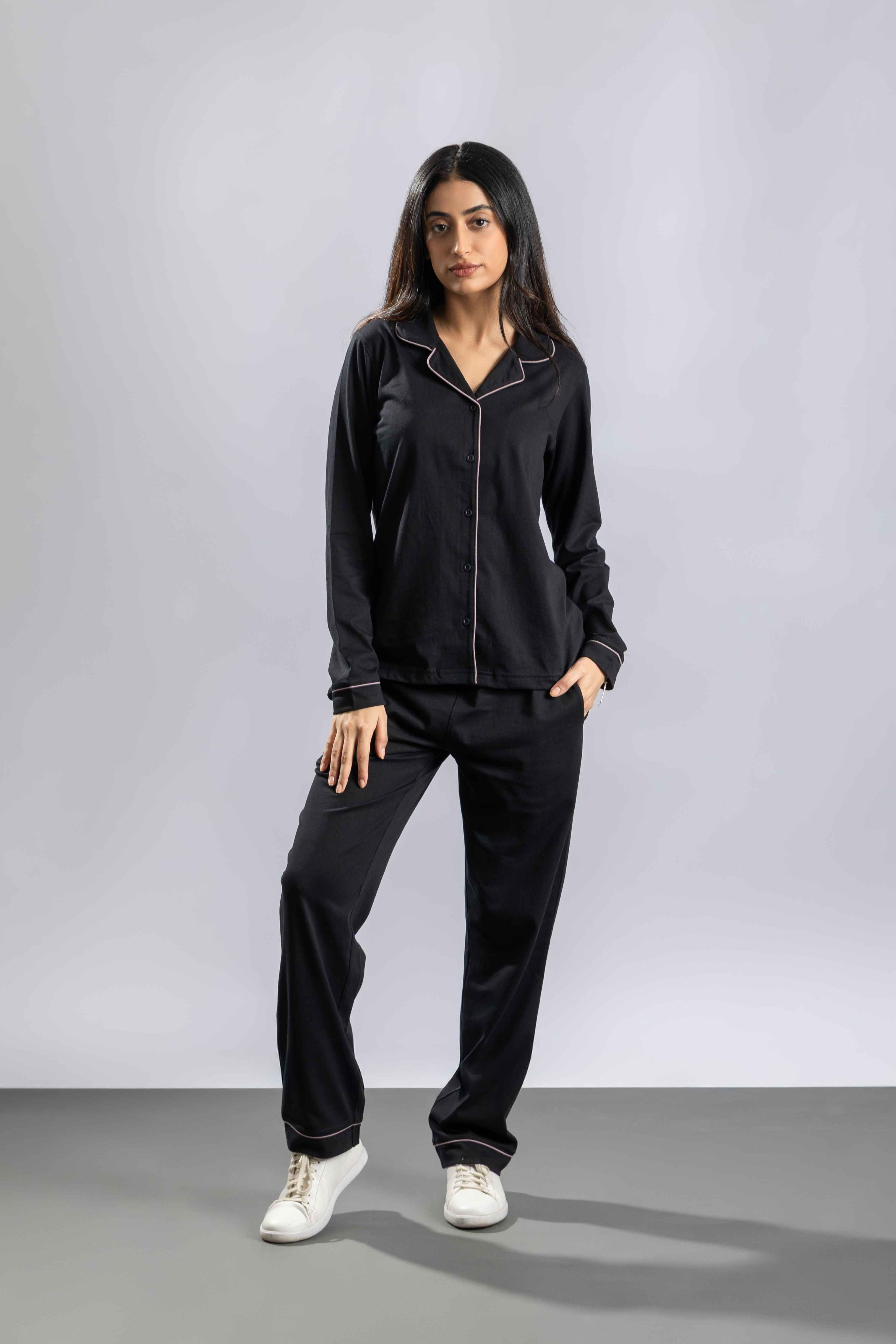 Oneway Women Solid Lapel Collar 1 Shirt, 1 Pyjama :: Night Suit Set