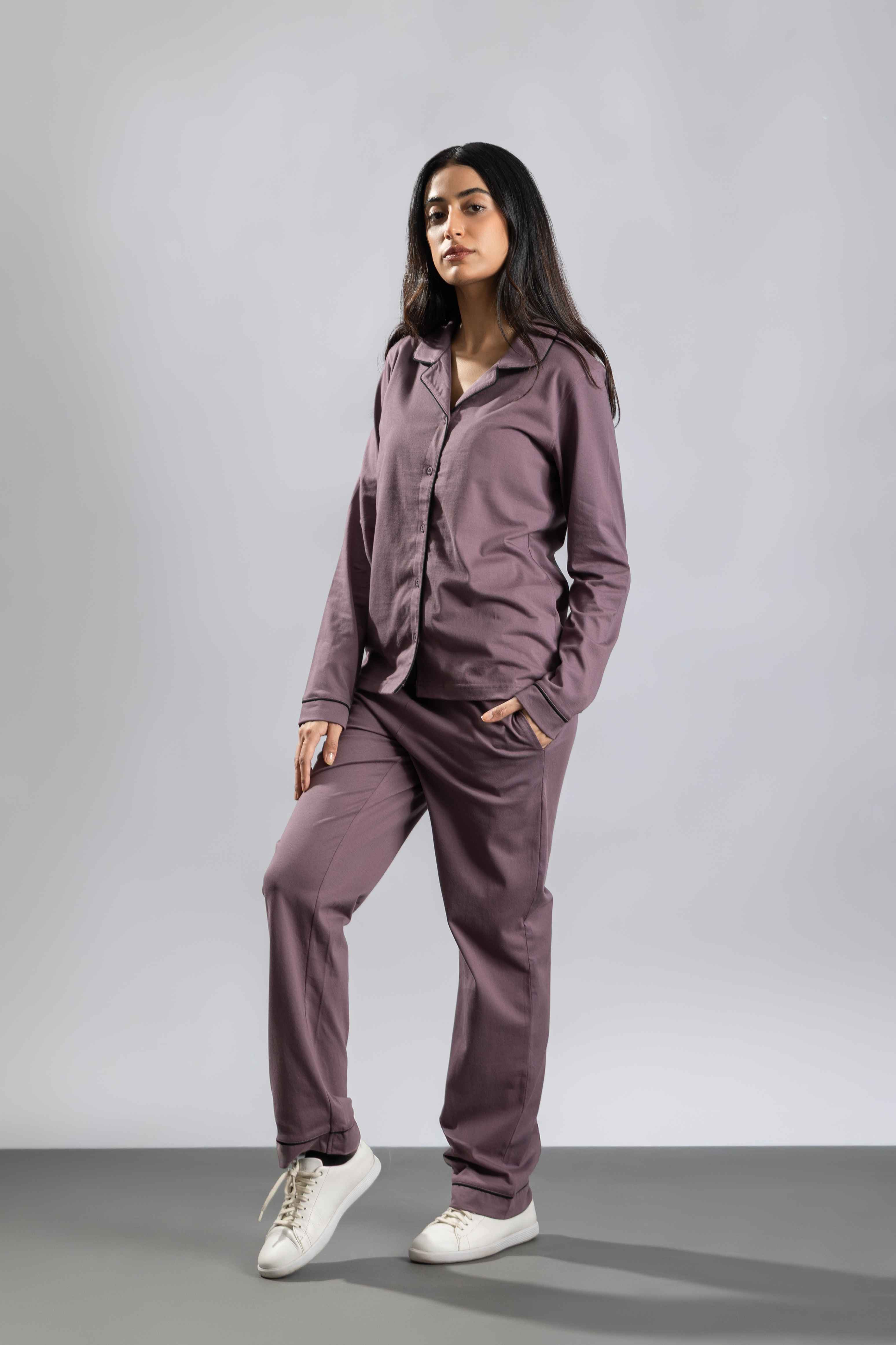 Oneway Women Solid Lapel Collar 1 Shirt, 1 Pyjama :: Night Suit Set