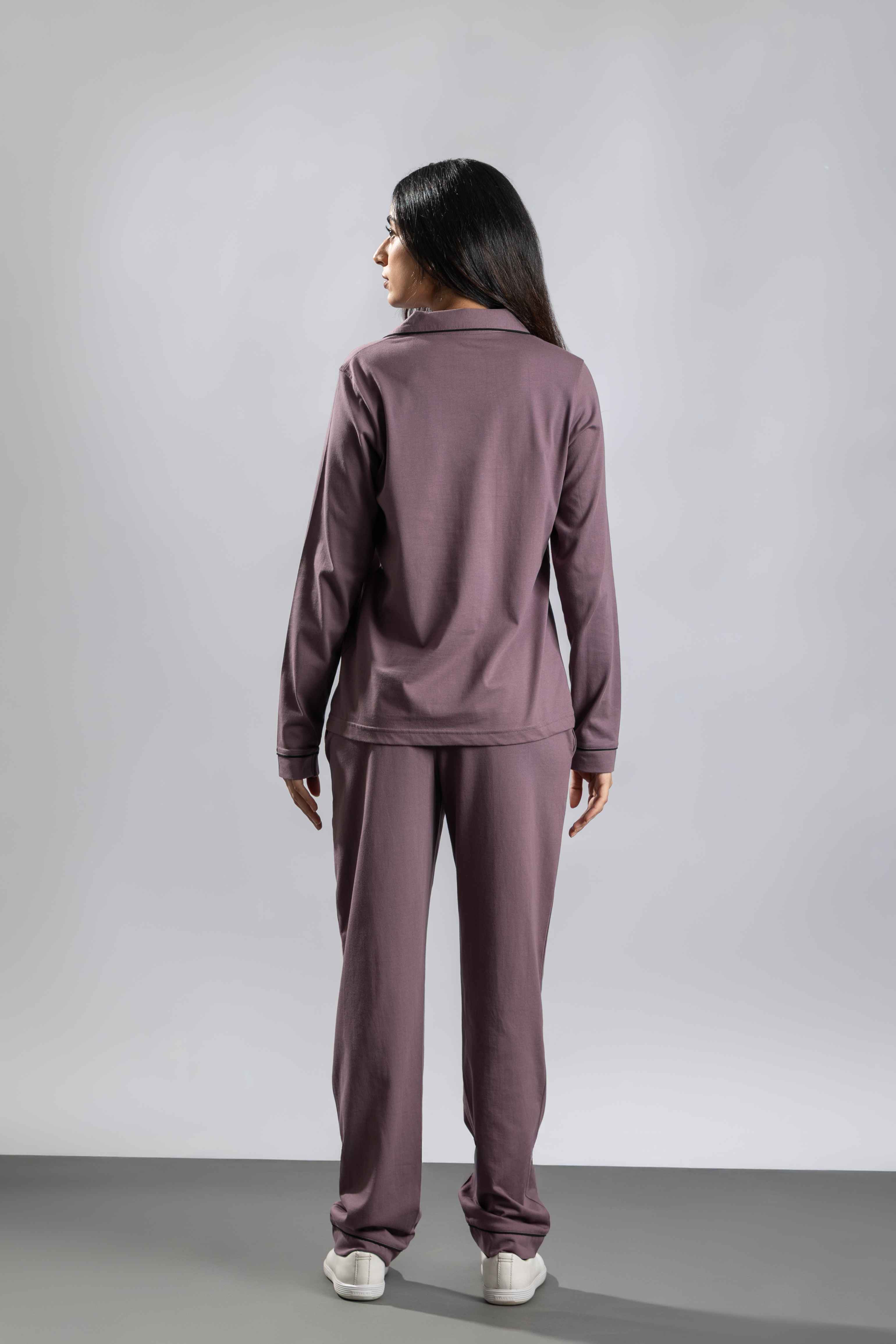 Oneway Women Solid Lapel Collar 1 Shirt, 1 Pyjama :: Night Suit Set