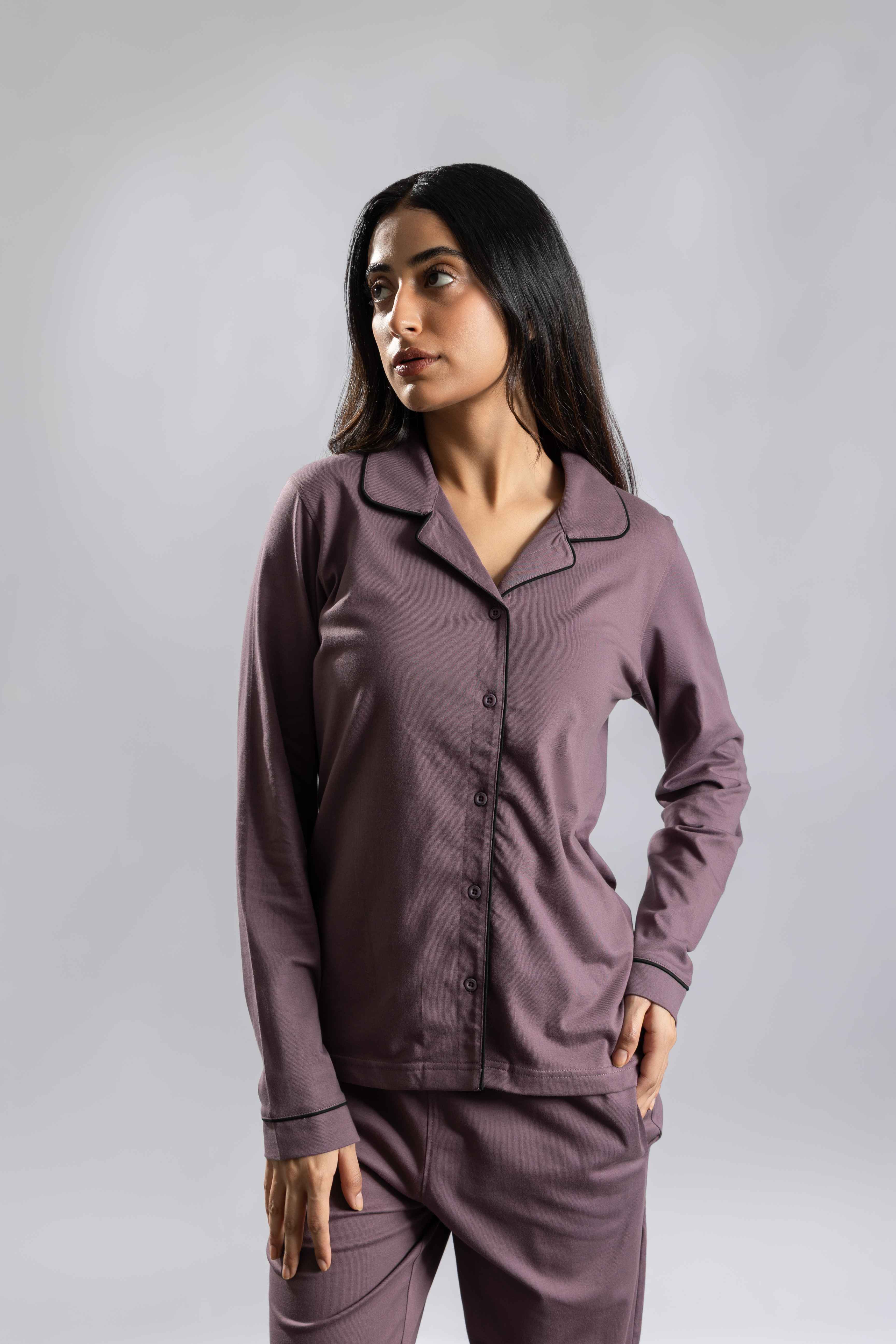 Oneway Women Solid Lapel Collar 1 Shirt, 1 Pyjama :: Night Suit Set