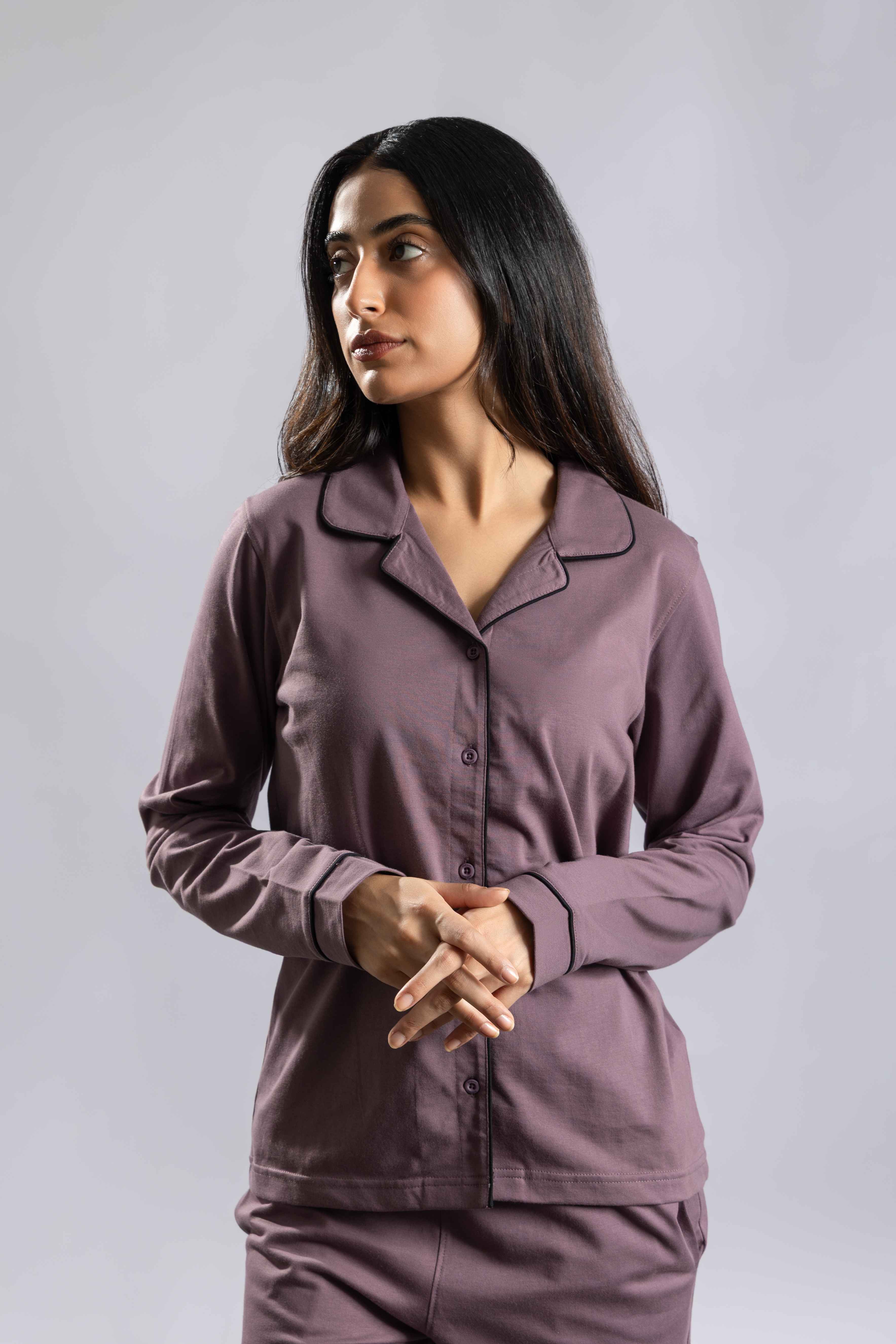Oneway Women Solid Lapel Collar 1 Shirt, 1 Pyjama :: Night Suit Set