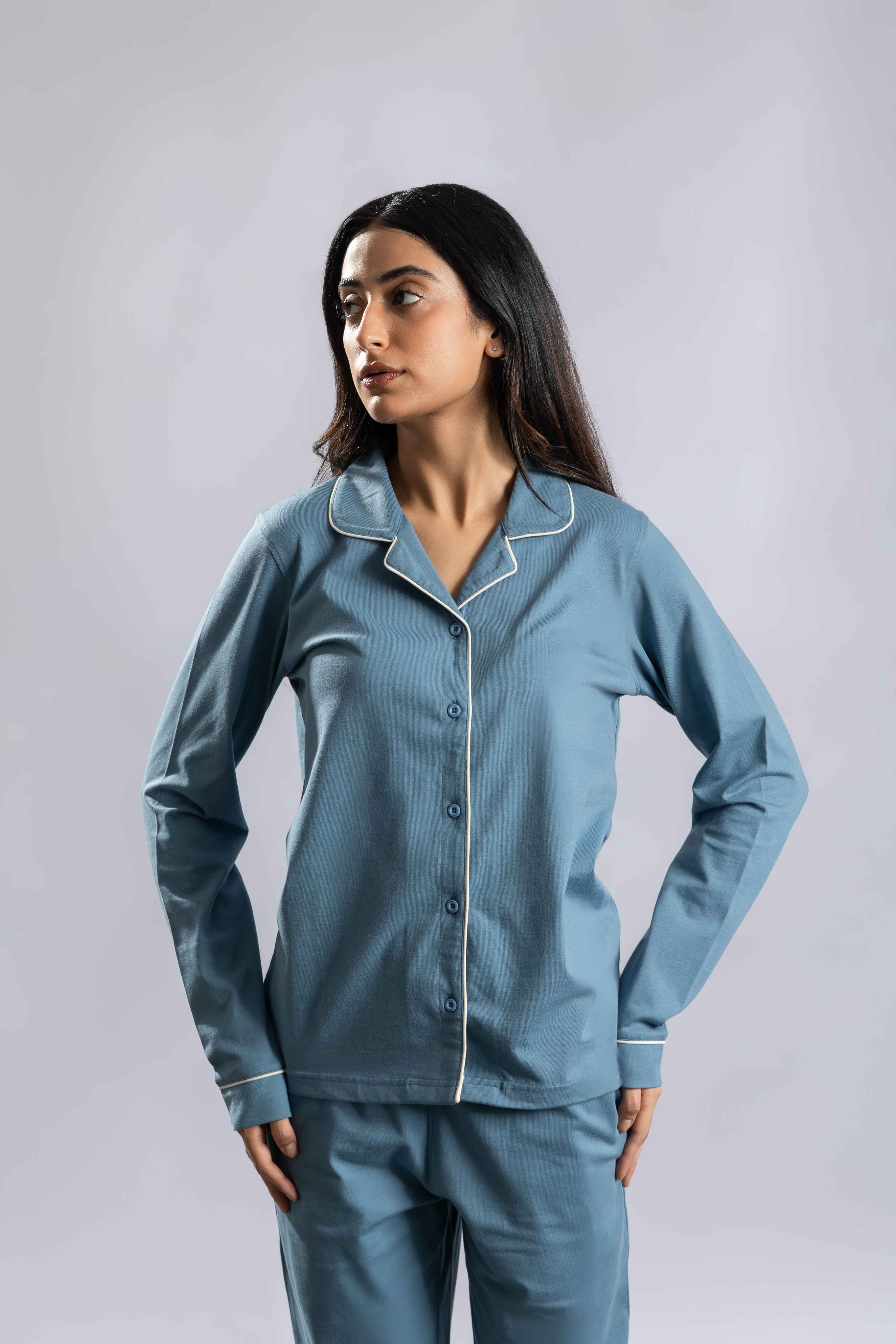 Oneway Women Solid Lapel Collar 1 Shirt, 1 Pyjama :: Night Suit Set