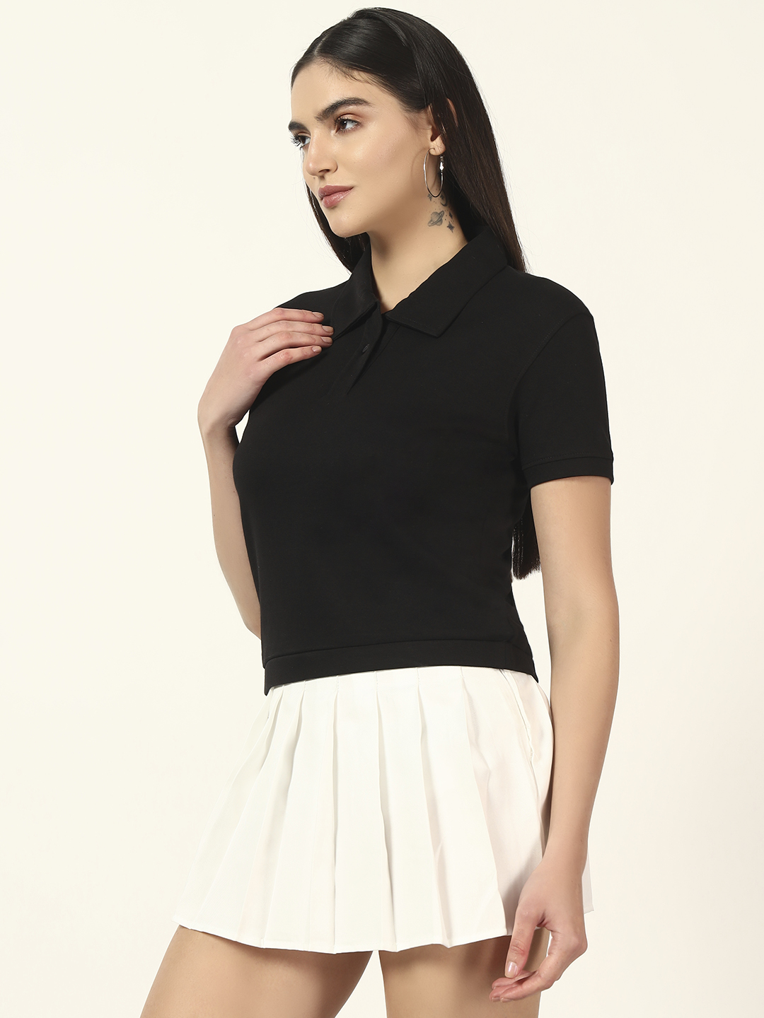 Oneway Women Solid Black Polo Tshirt