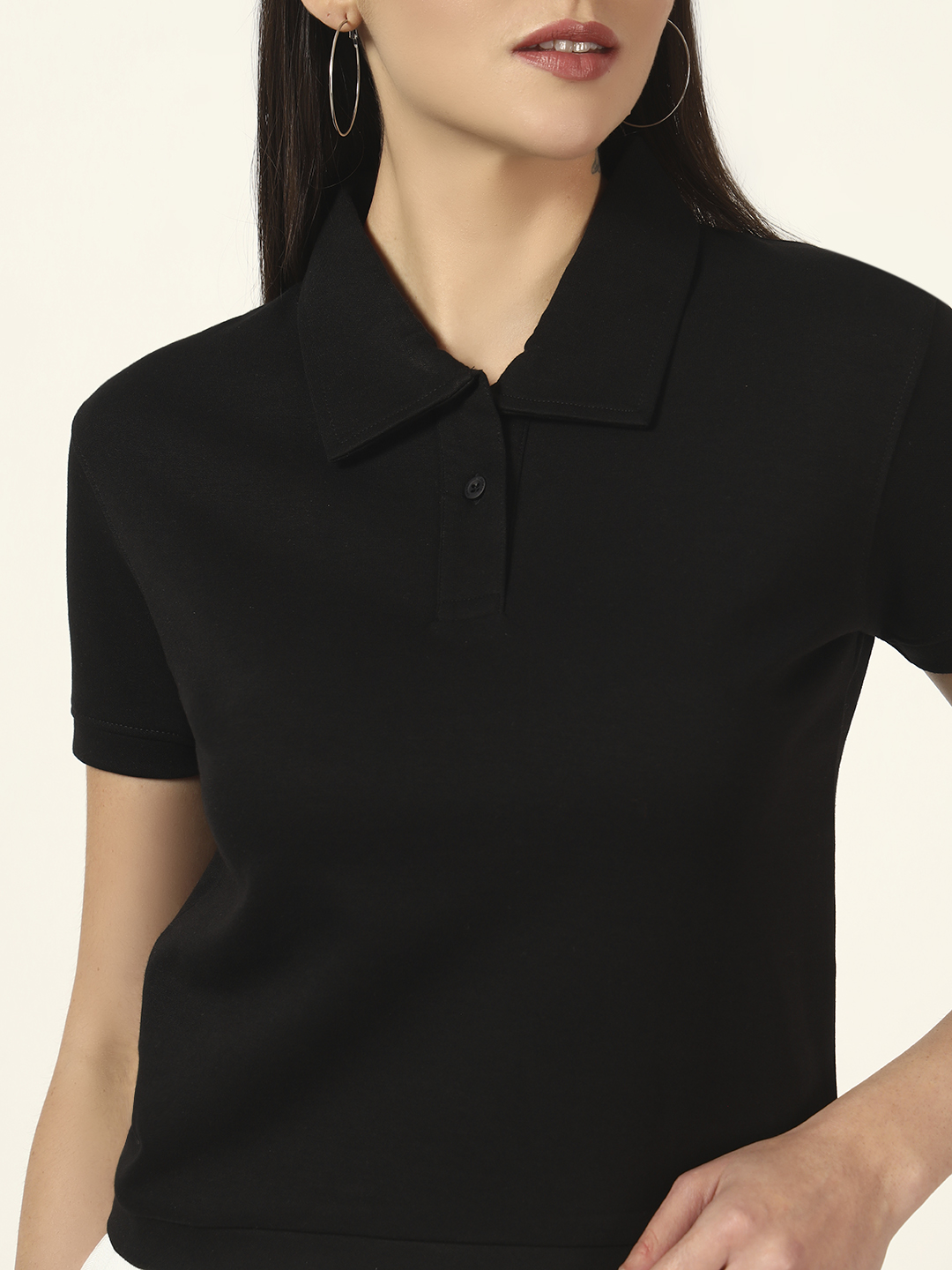 Oneway Women Solid Black Polo Tshirt