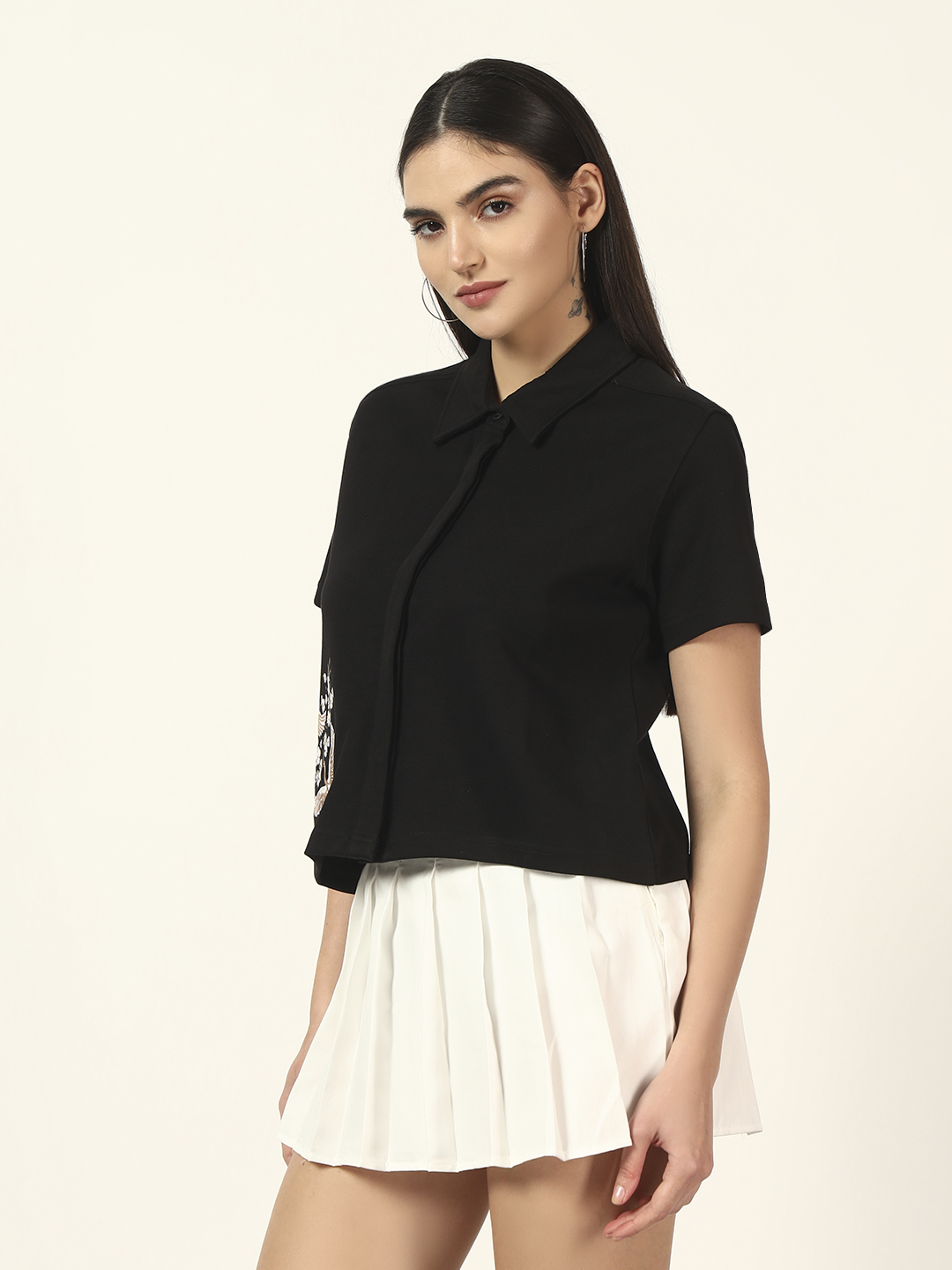 Oneway Women Embroidery Loose Fit Black Shirt