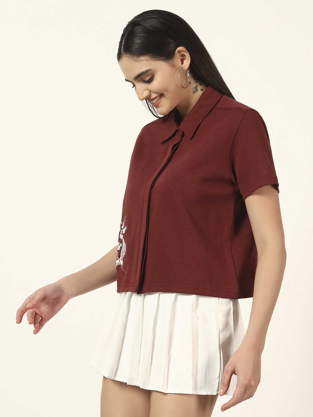 Oneway Women Embroidery Loose Fit Maroon Shirt
