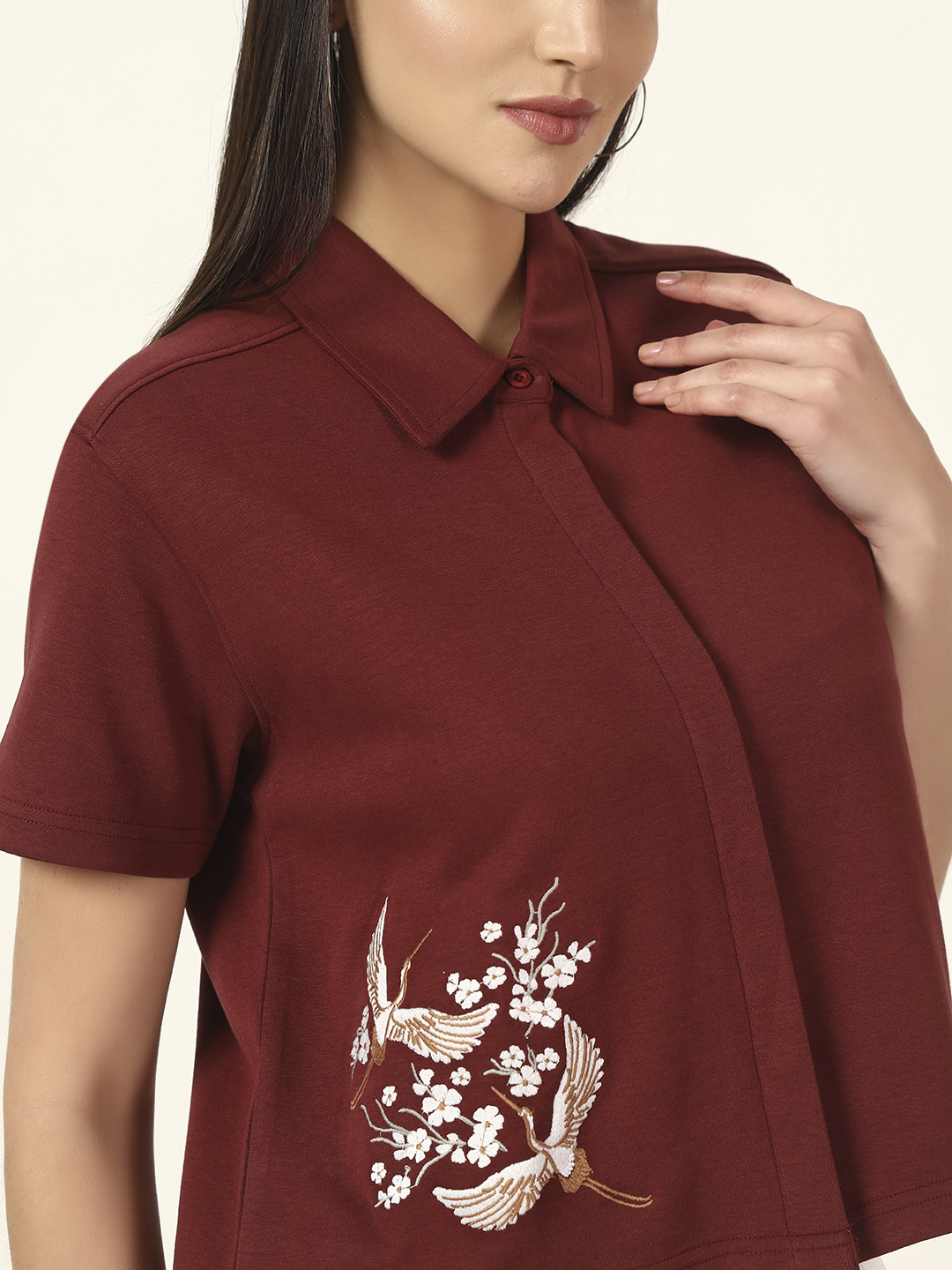 Oneway Women Embroidery Loose Fit Maroon Shirt