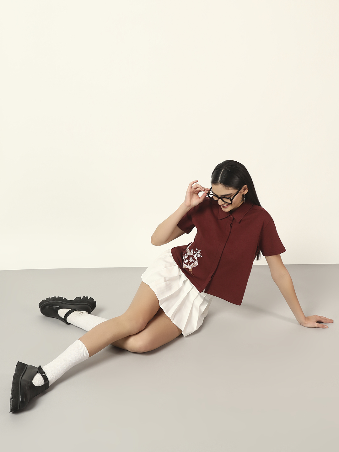 Oneway Women Embroidery Loose Fit Maroon Shirt