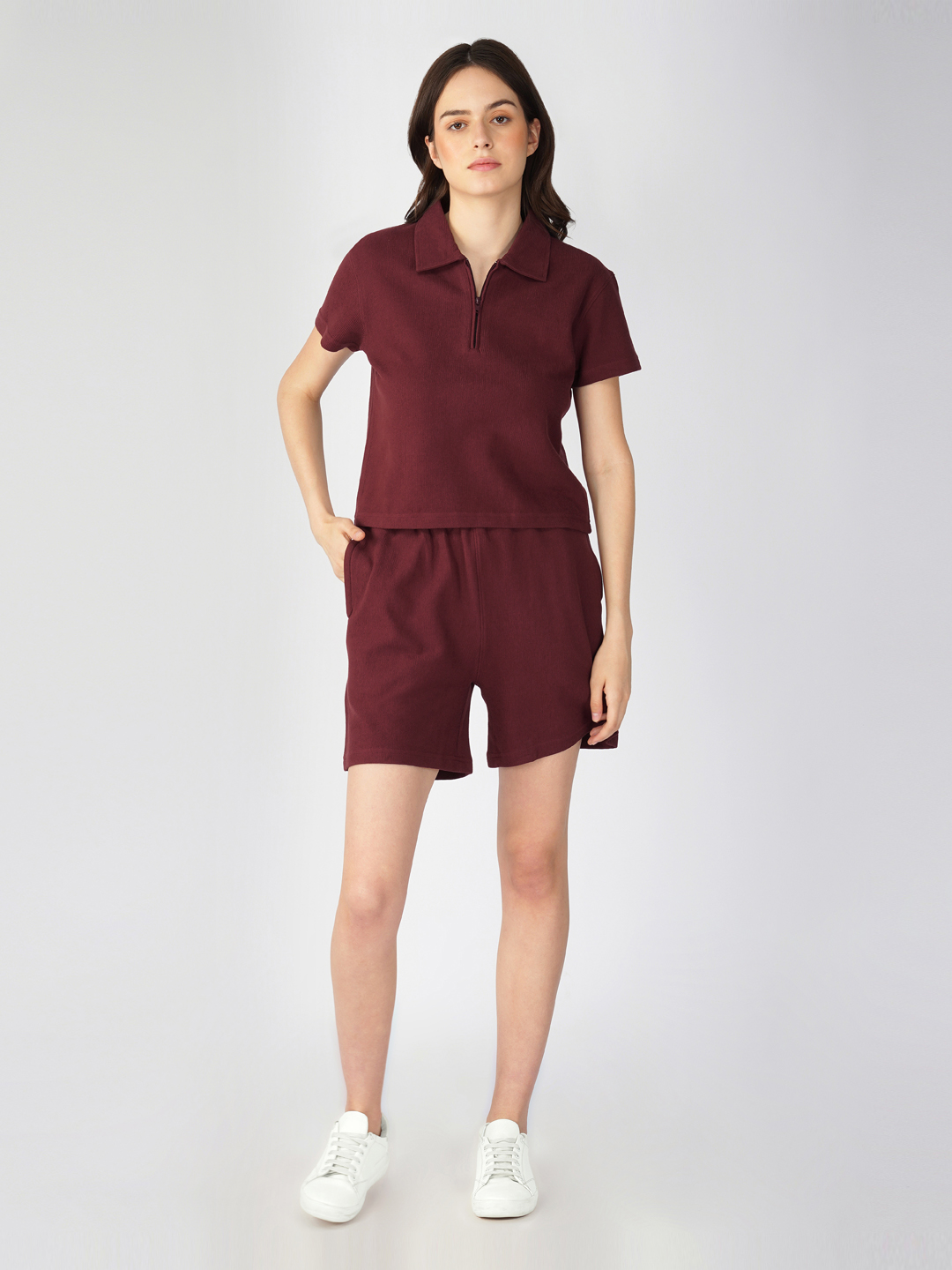 Oneway Women Solid Maroon 1 T-Shirt,1 Shorts::Co-Ord Set