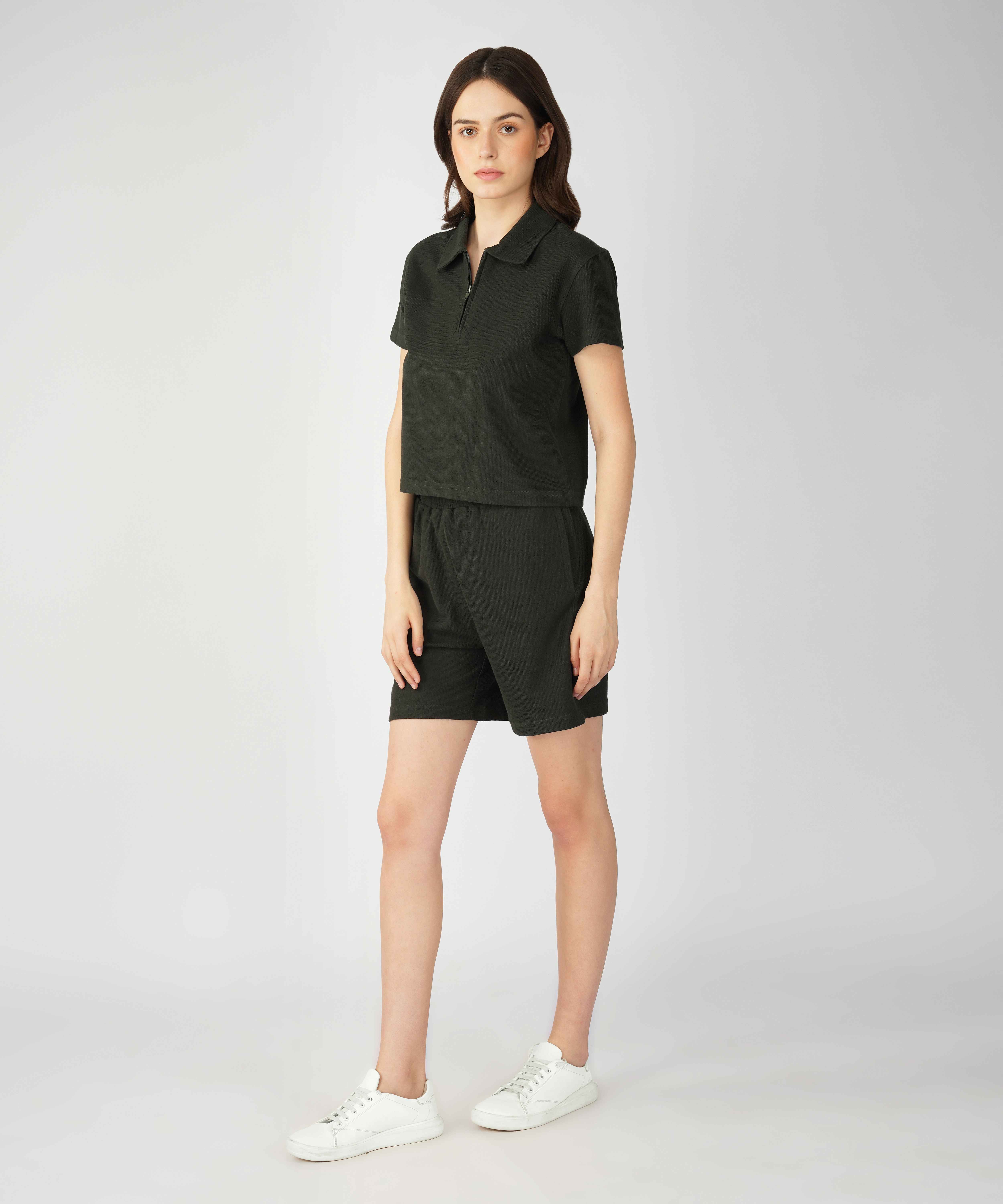 Oneway Women Casual Polo Neck Top & Shorts Co-ord Set
