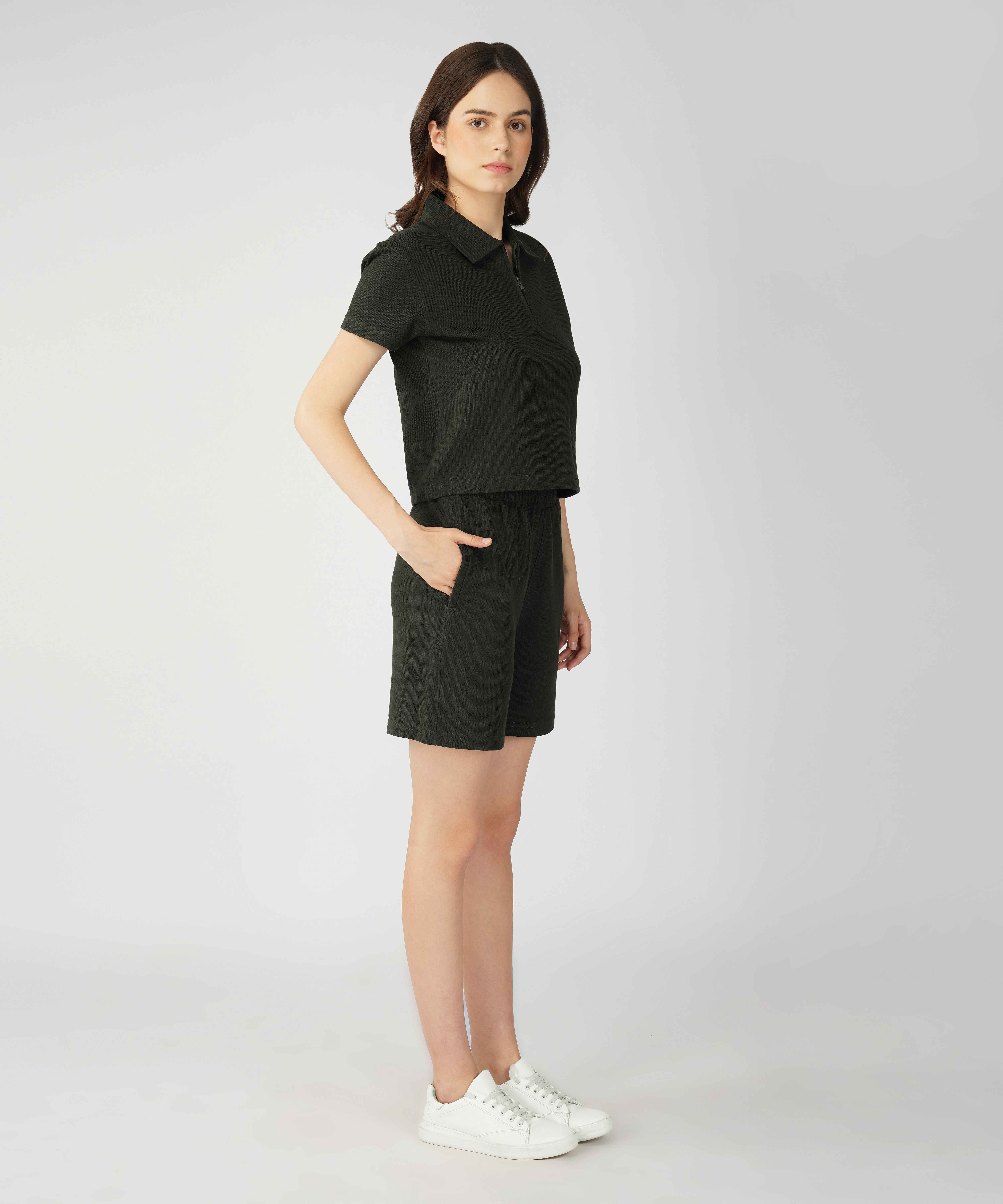 Oneway Women Casual Polo Neck Top & Shorts Co-ord Set
