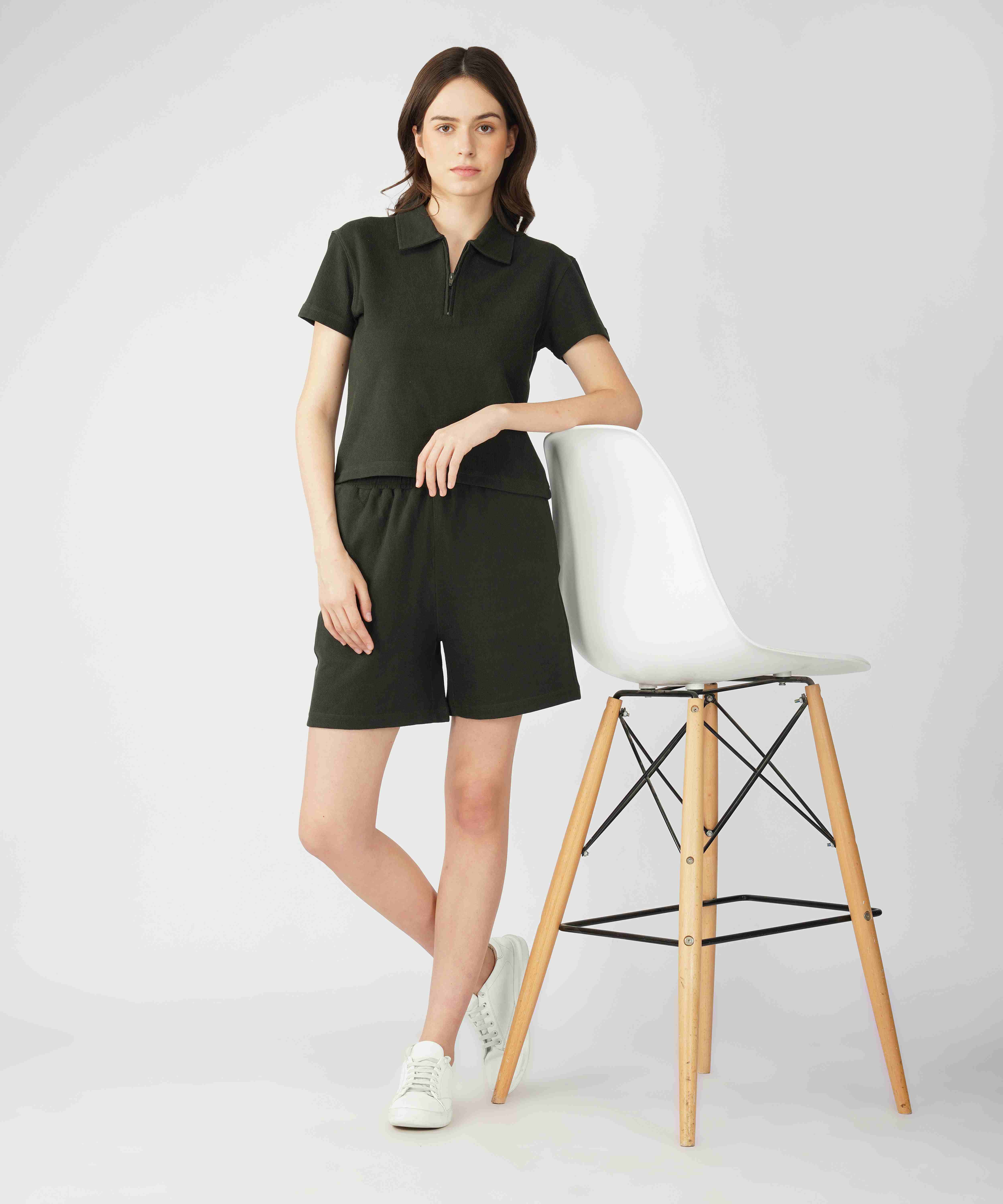 Oneway Women Casual Polo Neck Top & Shorts Co-ord Set