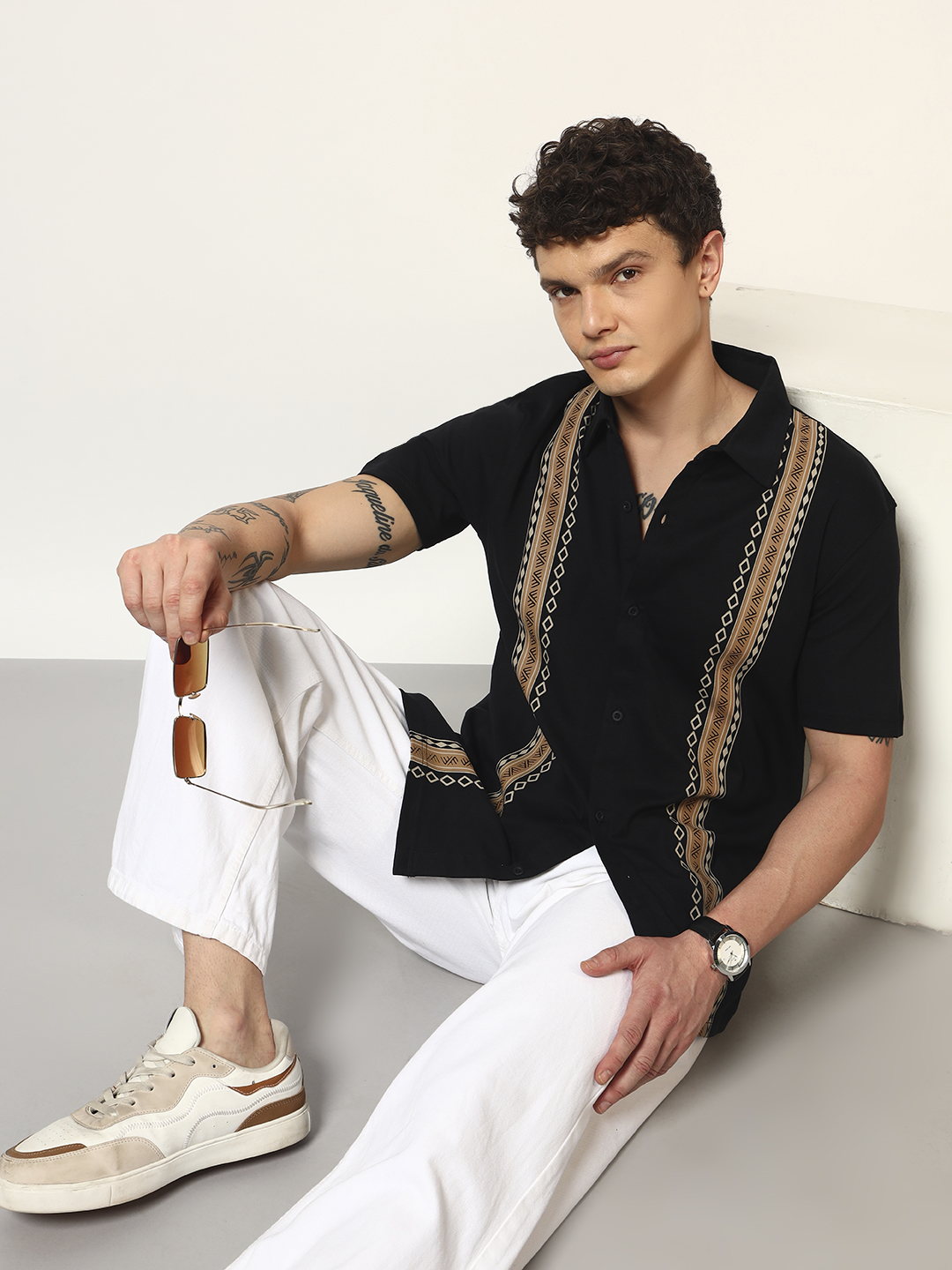 Oneway Men Striped Comfort Fit Black Shirt