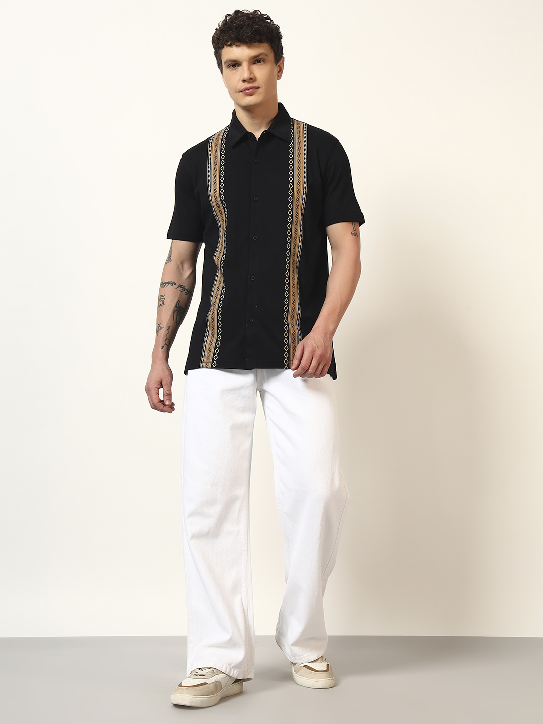 Oneway Men Striped Comfort Fit Black Shirt