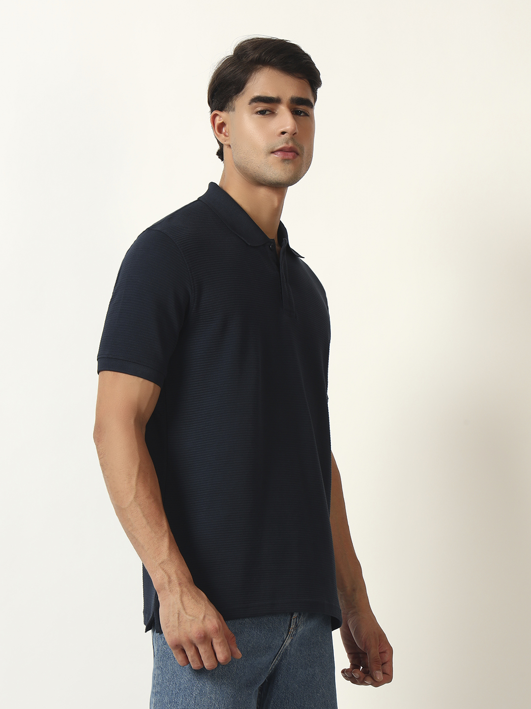 Oneway Men's Solid Regular Fit Navy T-shirt