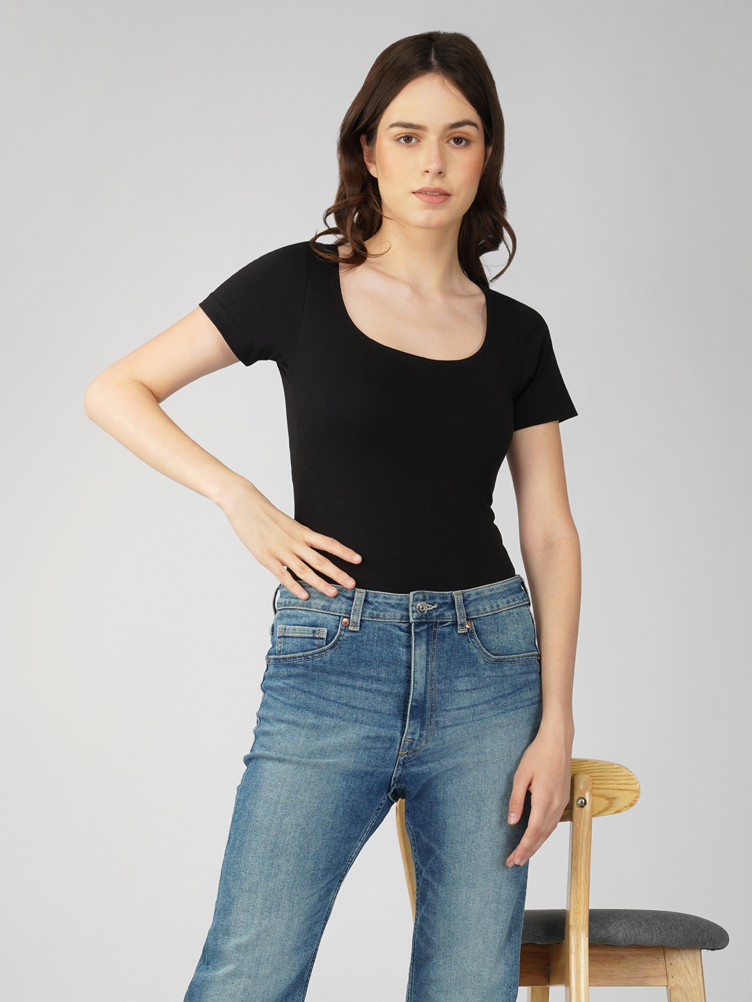 Oneway Women Solid Slim Fit Black Bodysuit