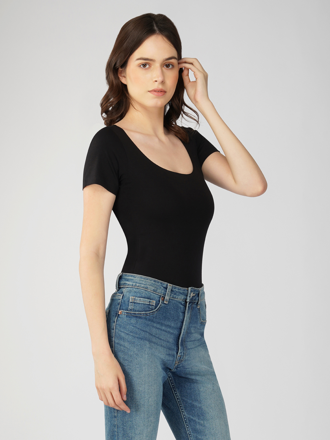 Oneway Women Solid Slim Fit Black Bodysuit