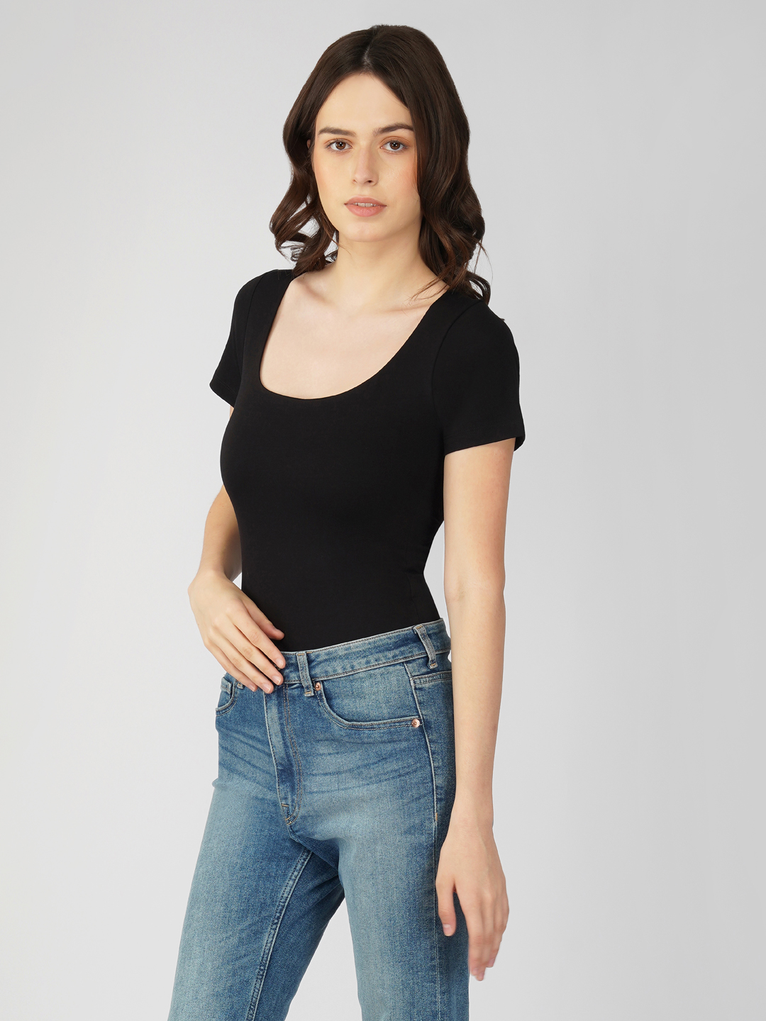 Oneway Women Solid Slim Fit Black Bodysuit