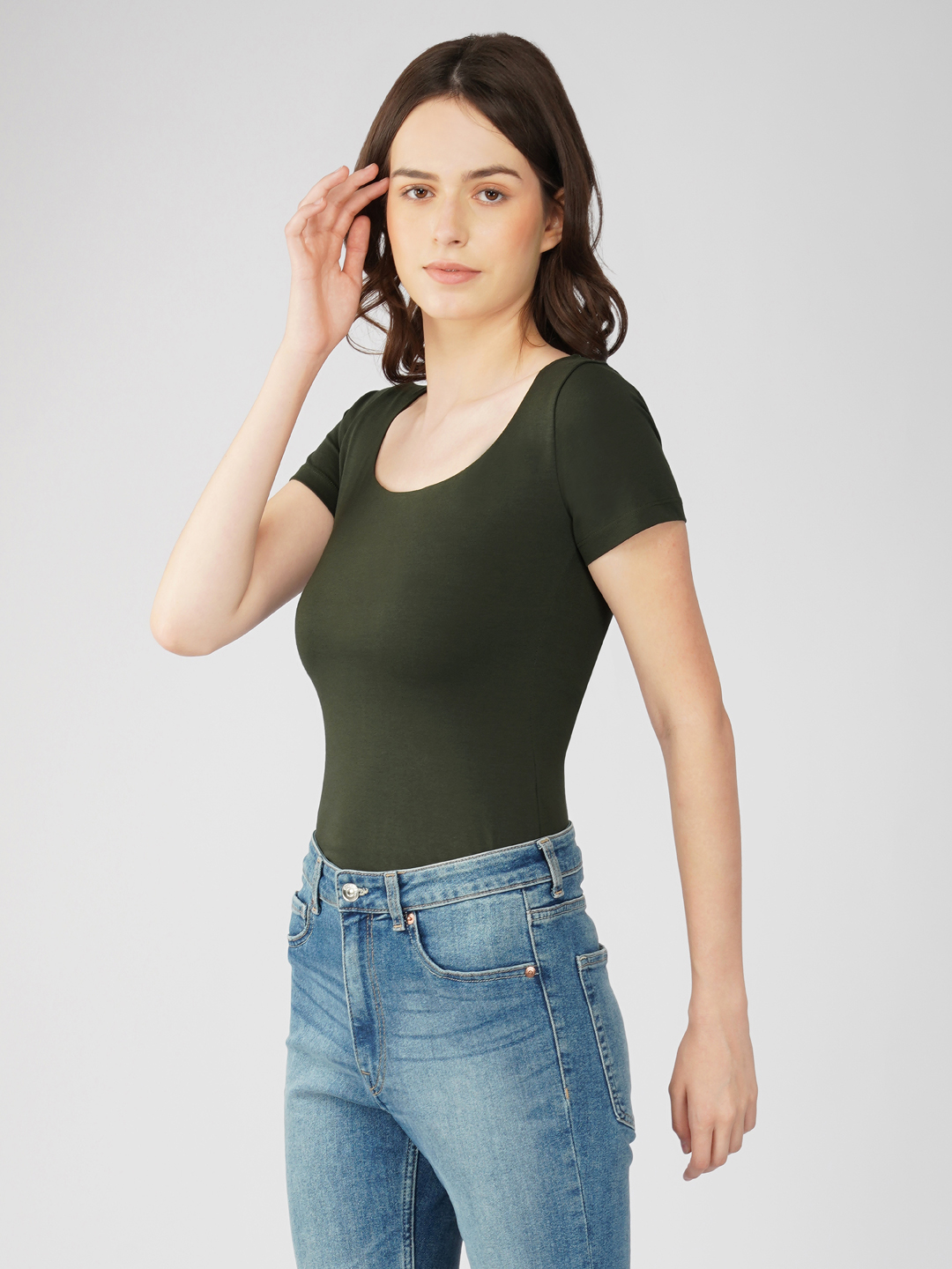 Oneway Women Solid Slim Fit Dark. Olive Bodysuit