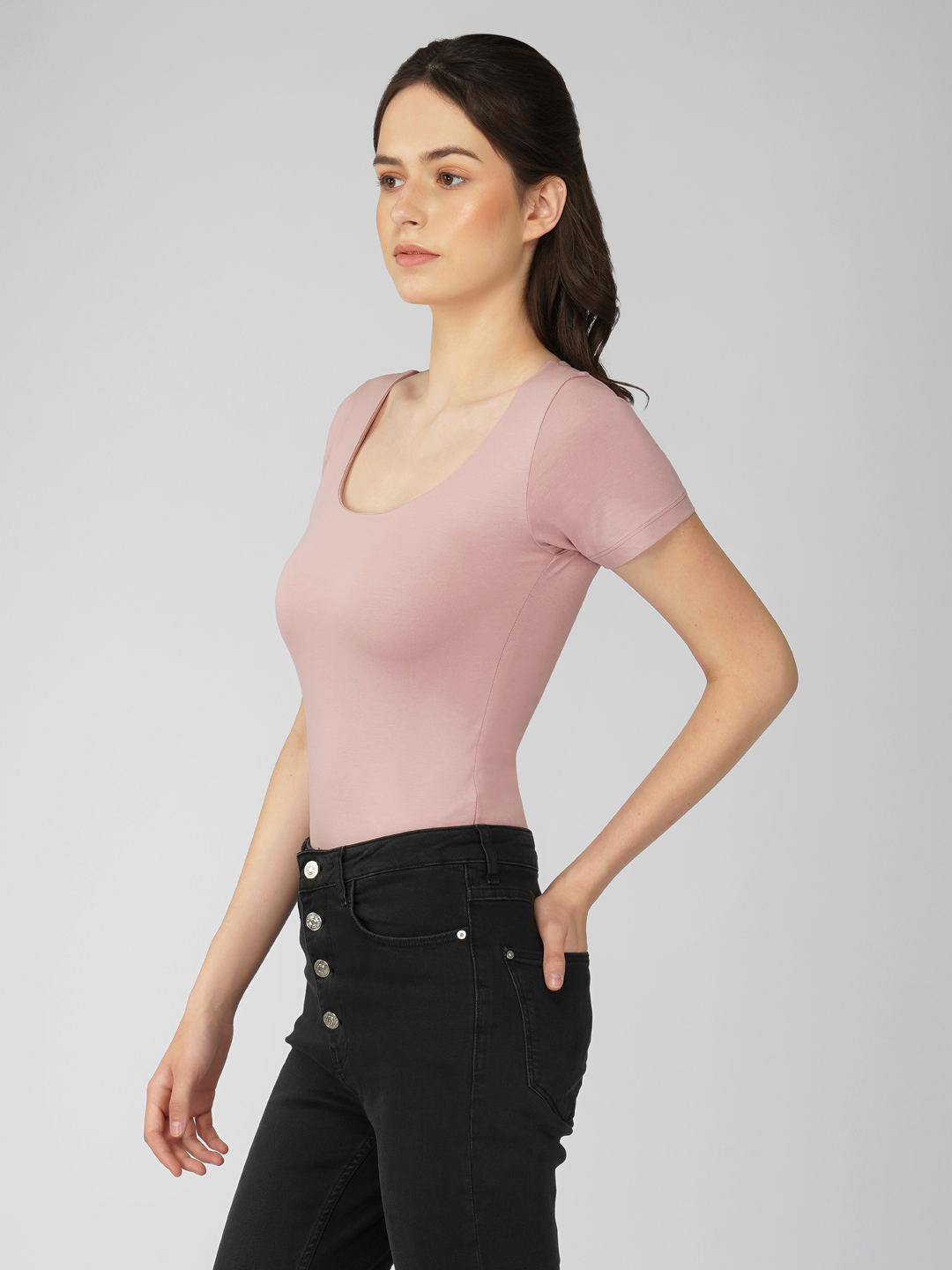 Oneway Women Solid Slim Fit Light Lavender Bodysuit