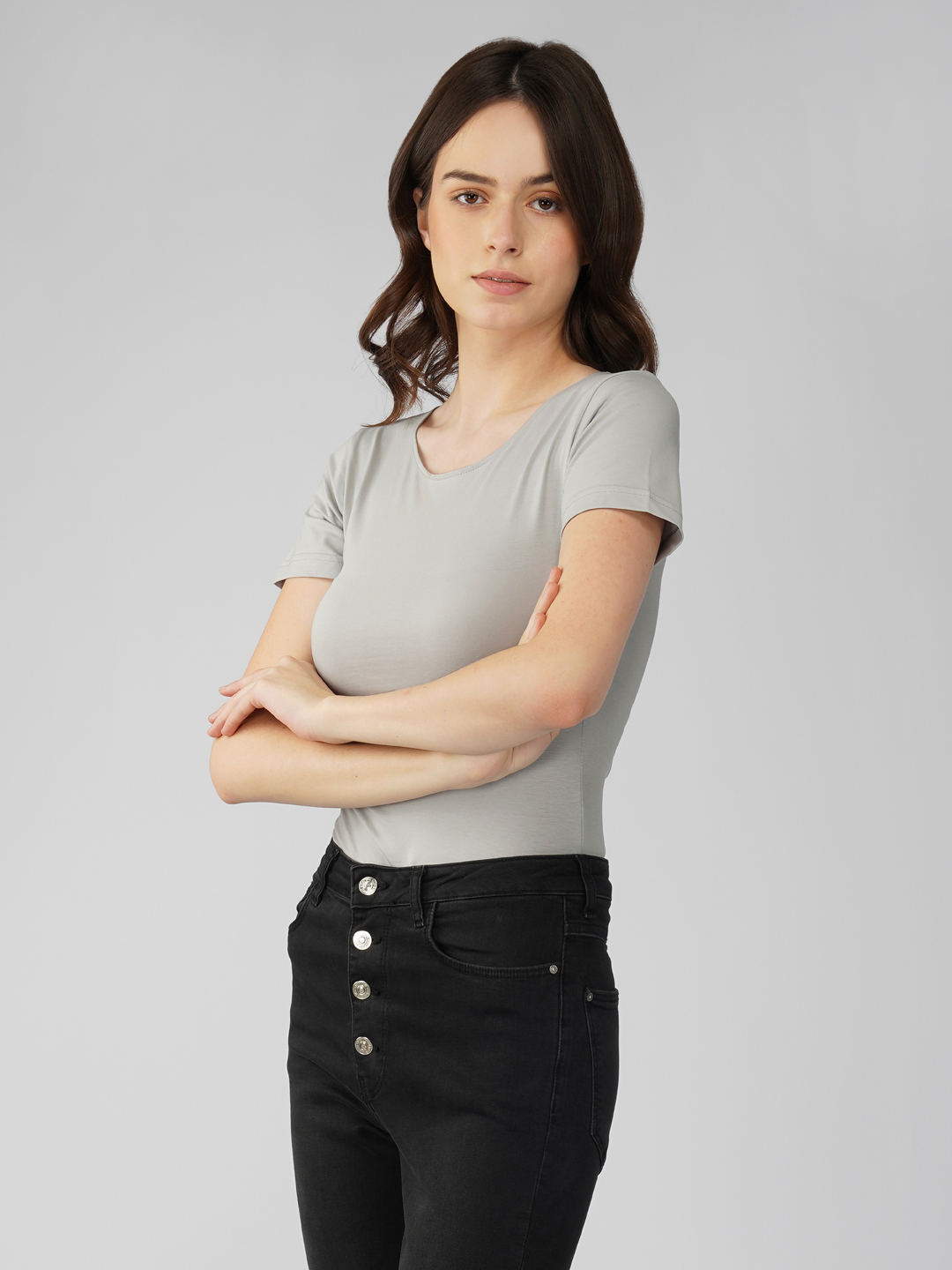 Oneway Women Solid Slim Fit Light Grey Bodysuit