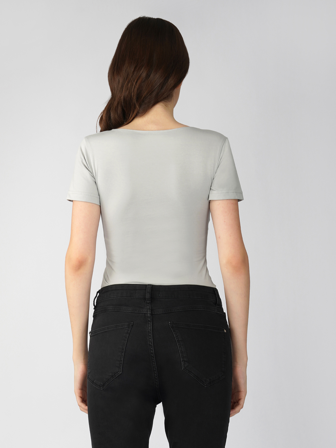 Oneway Women Solid Slim Fit Light Grey Bodysuit