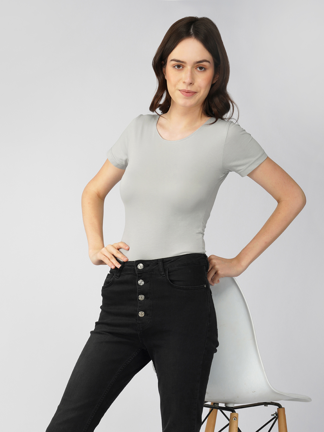Oneway Women Solid Slim Fit Light Grey Bodysuit