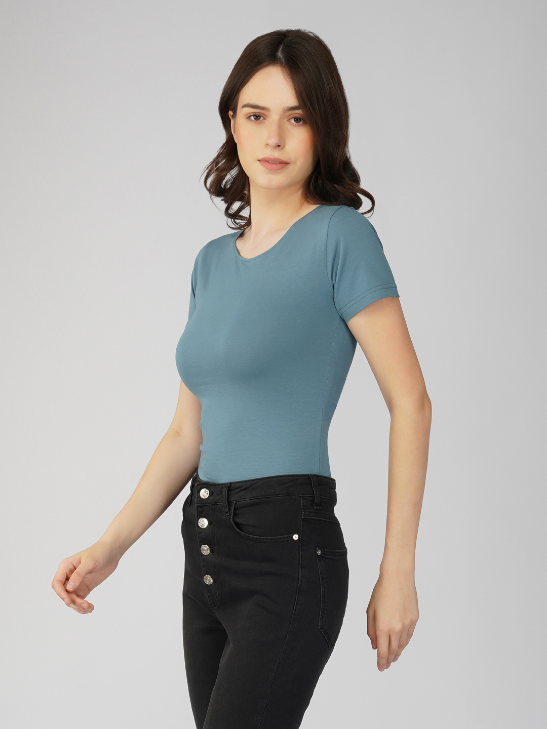 Oneway Women Solid Slim Fit Smoke Blue Bodysuit