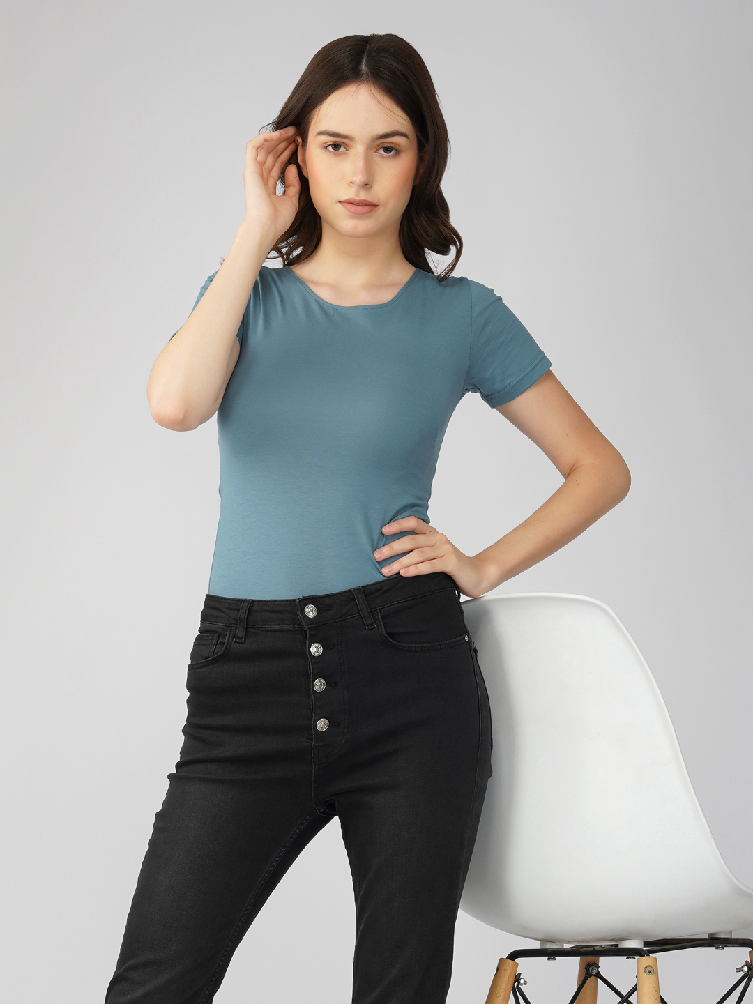 Oneway Women Solid Slim Fit Smoke Blue Bodysuit