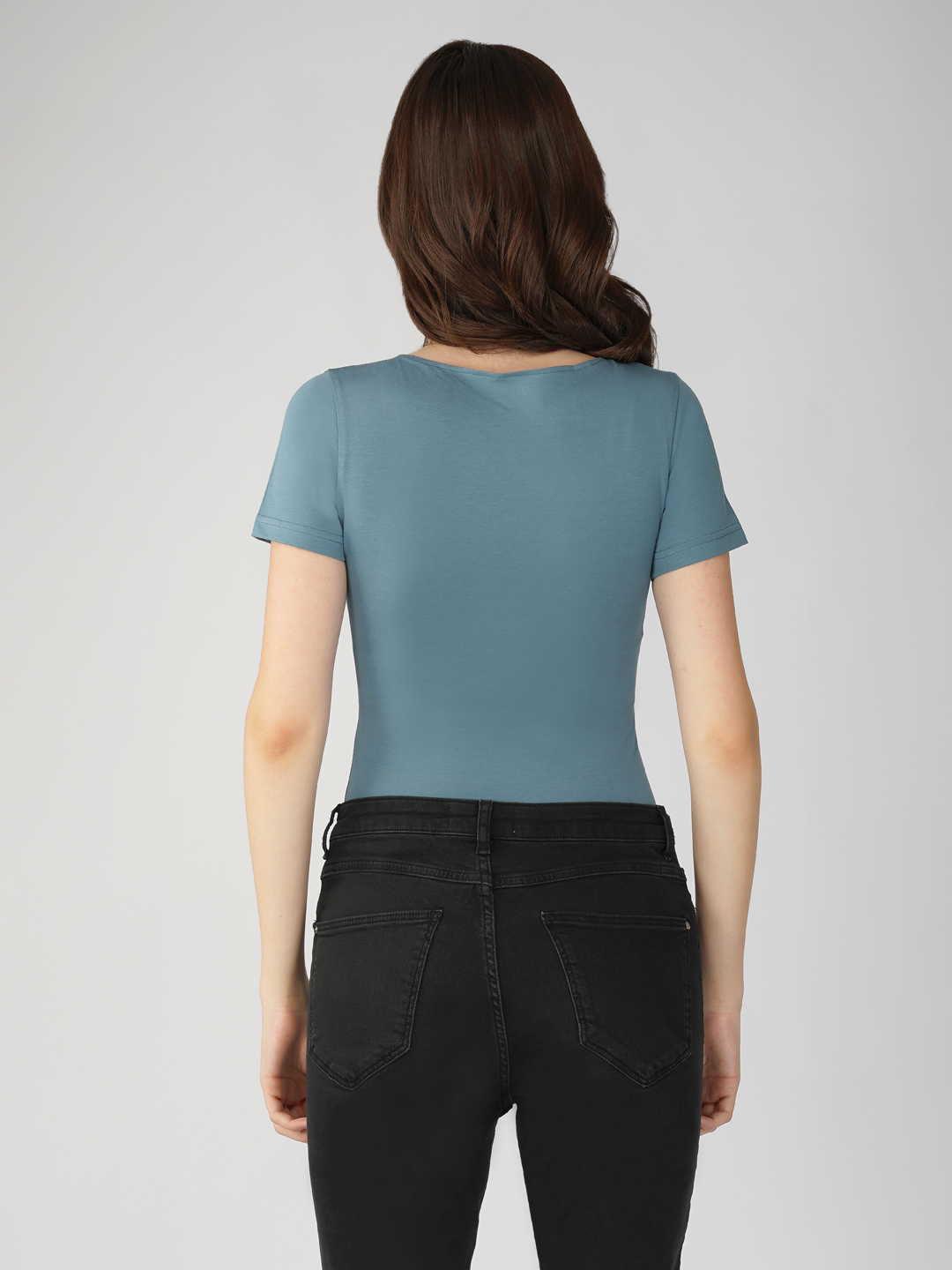 Oneway Women Solid Slim Fit Smoke Blue Bodysuit