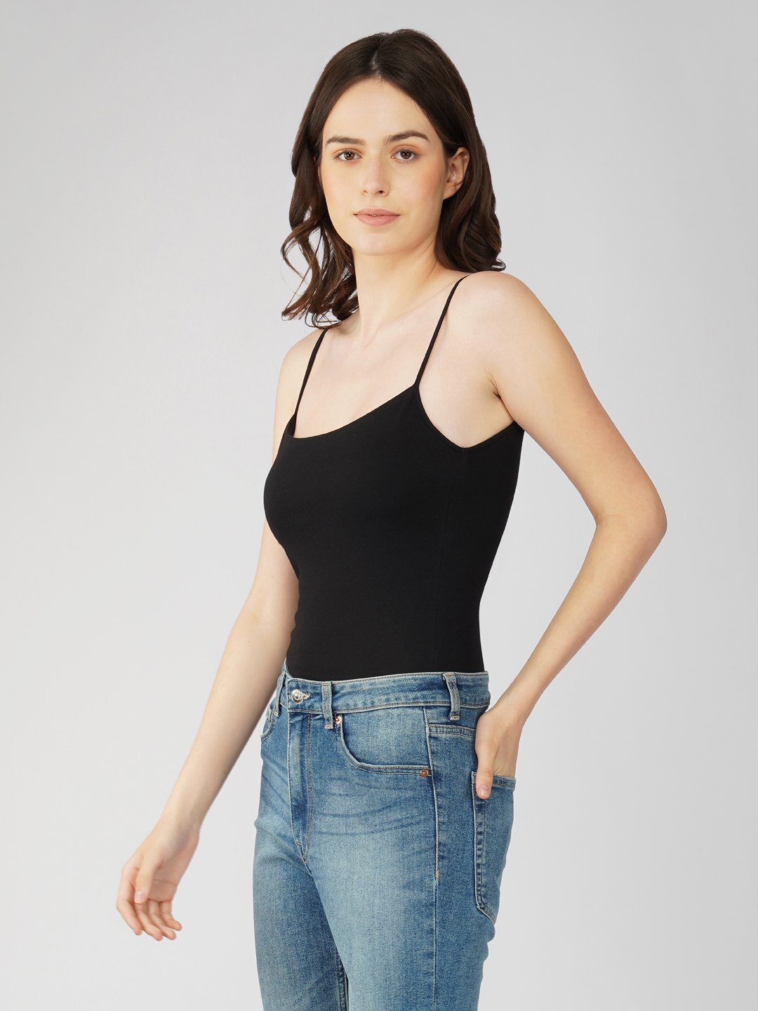 Oneway Women Black Spaghetti Strap Bodysuit 