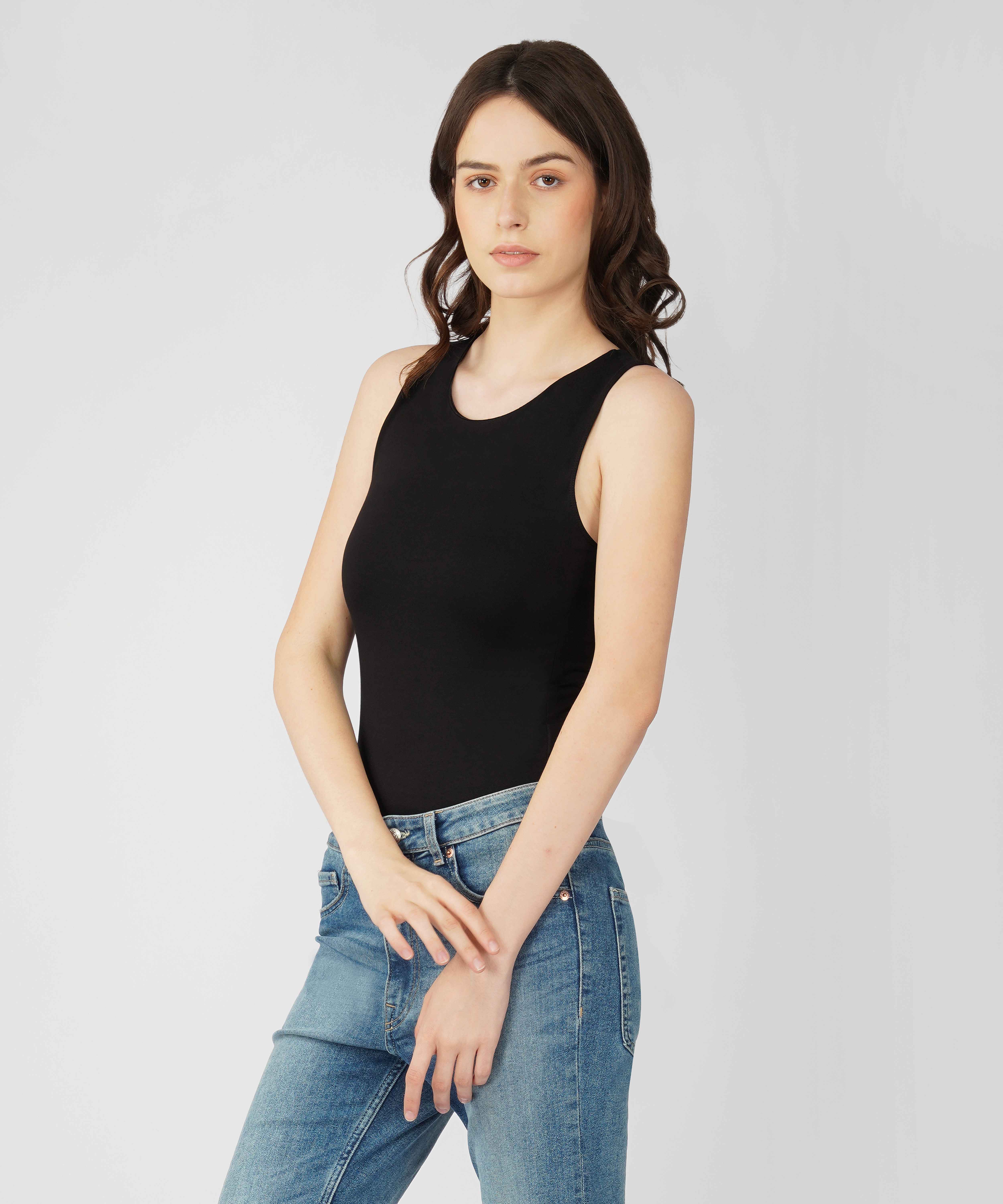 Oneway Women Solid Slim Fit Black Bodysuit