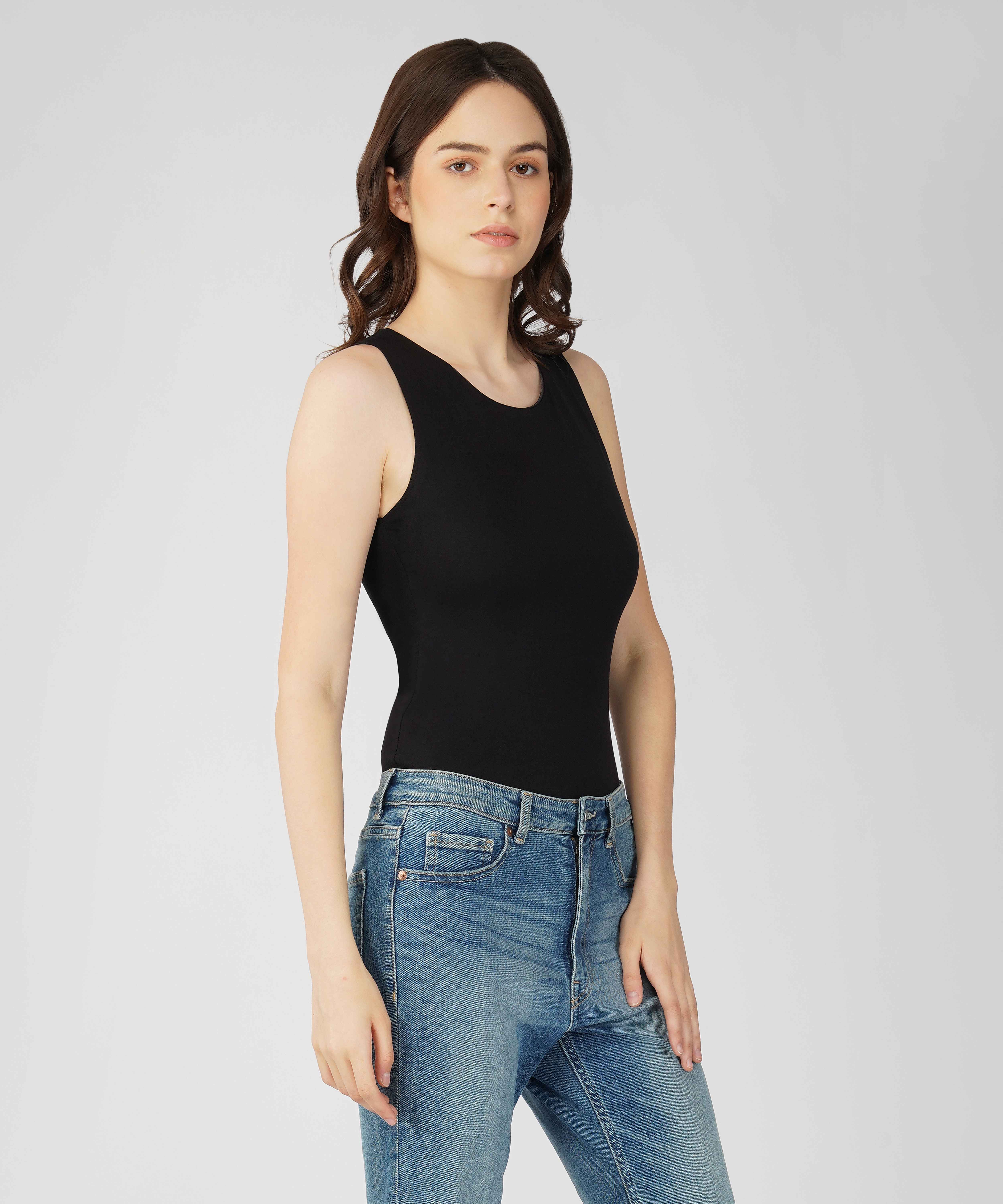 Oneway Women Solid Slim Fit Black Bodysuit