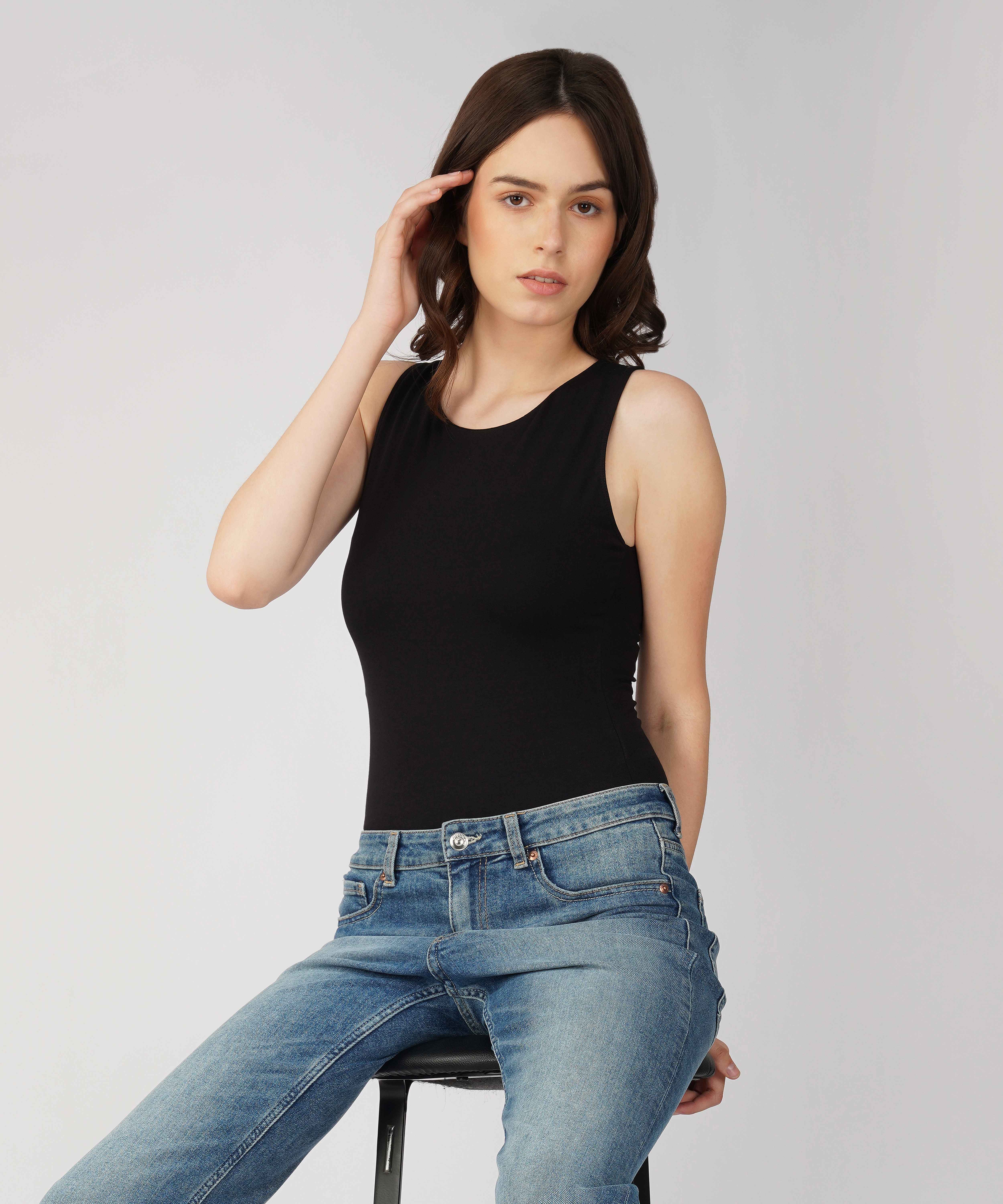 Oneway Women Solid Slim Fit Black Bodysuit