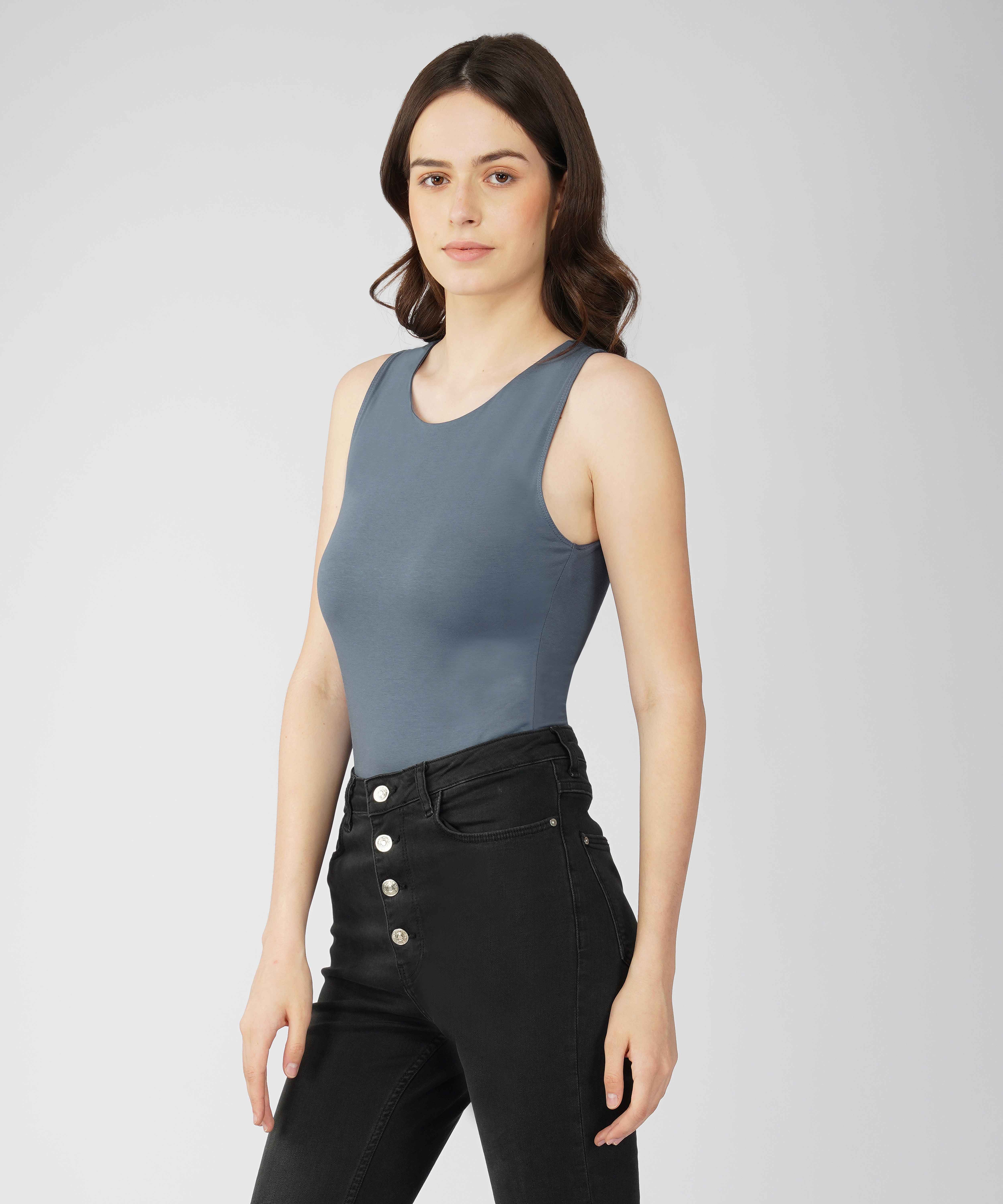 Oneway Women Solid Slim Fit Midnight Grey Bodysuit
