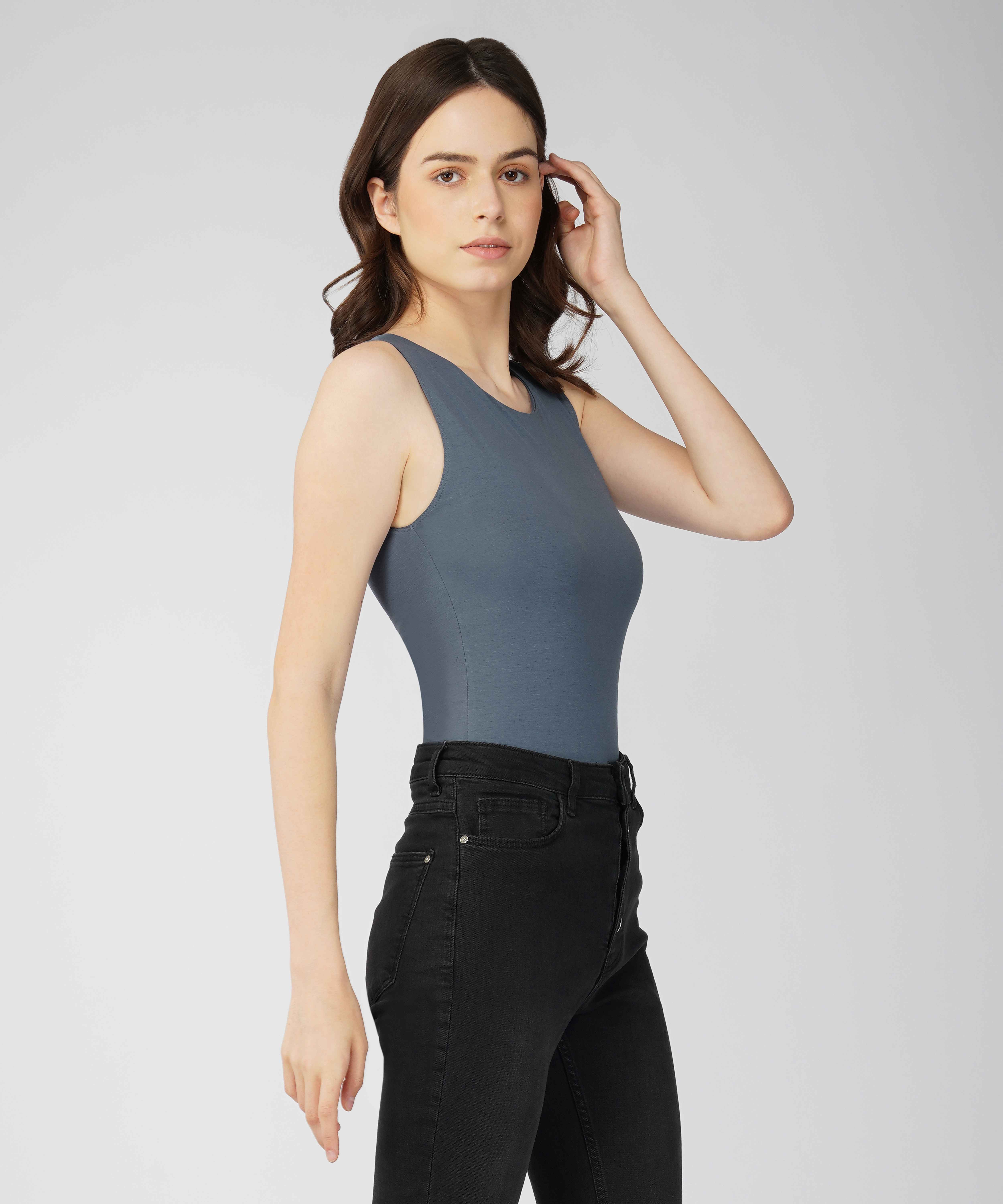 Oneway Women Solid Slim Fit Midnight Grey Bodysuit
